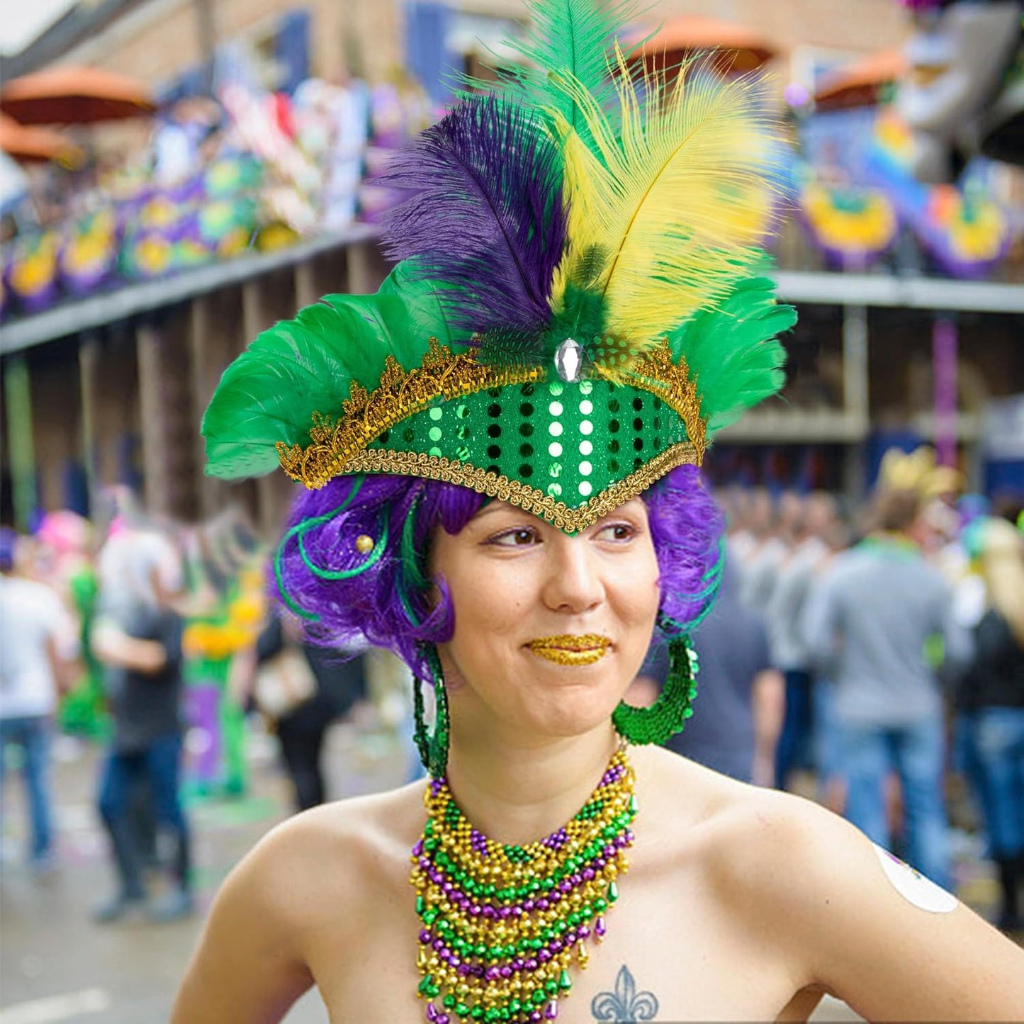 Mardi Gras Feather Headband Set - 8 Pcs Purple, Yellow & Green Masquerade Accessories | Flapper Headdress for Women & Girls