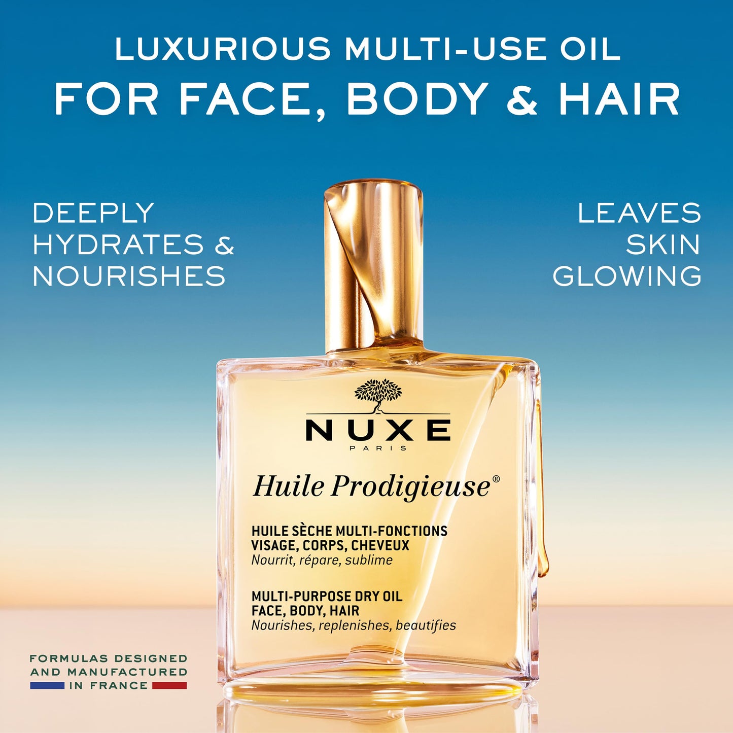 NUXE Huile Prodigieuse Multi-Purpose Dry Oil with 7 Botanical Oils for Radiant Glow and Hydration for Face, Body & Hair, 1.6 Fl Oz