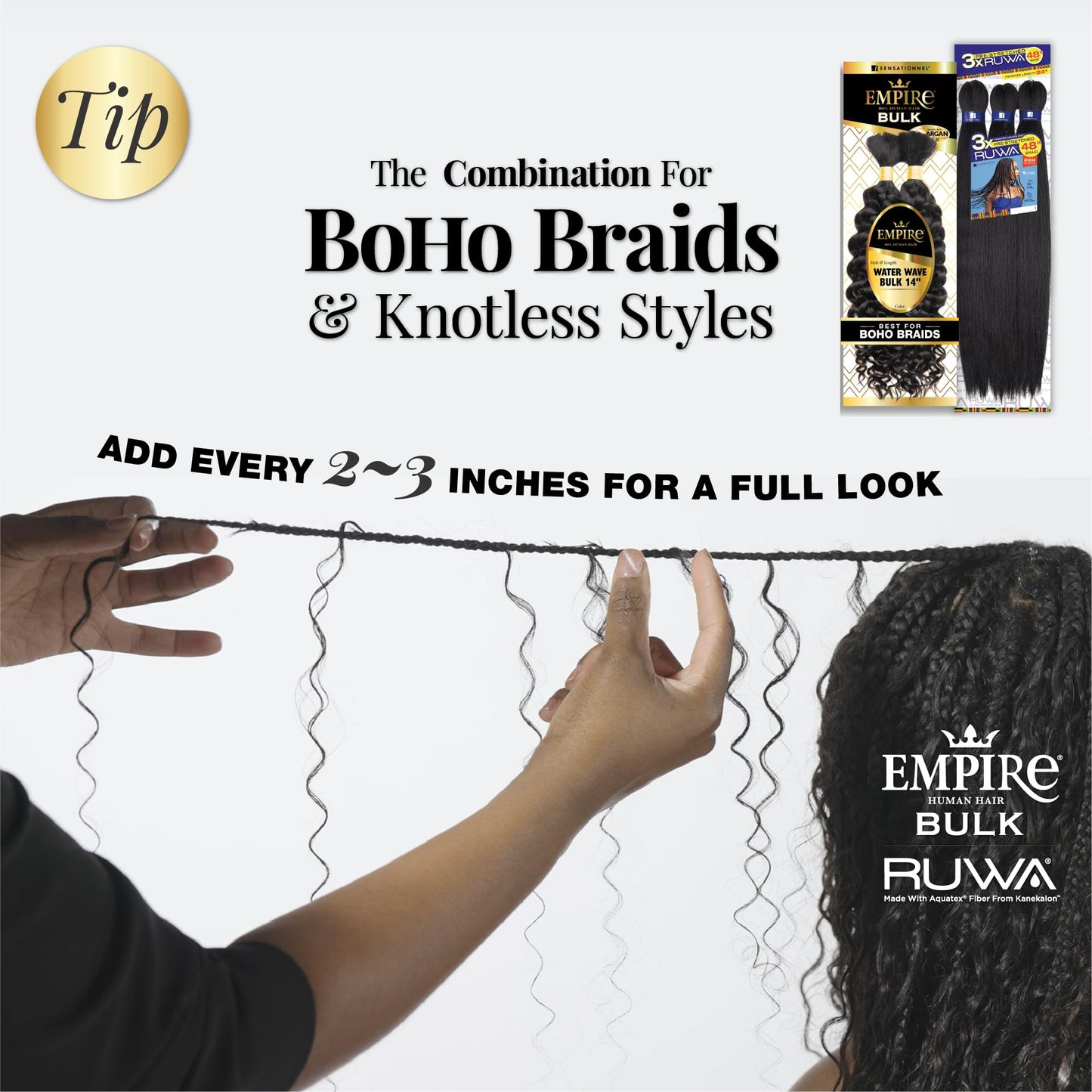 Sensationnel Empire Bulk Braiding – Water Wave Human Hair Braids for Knotless Boho Box or Curly Loosewave Styles 1 pack (14 inch, 1B OFFBLACK)