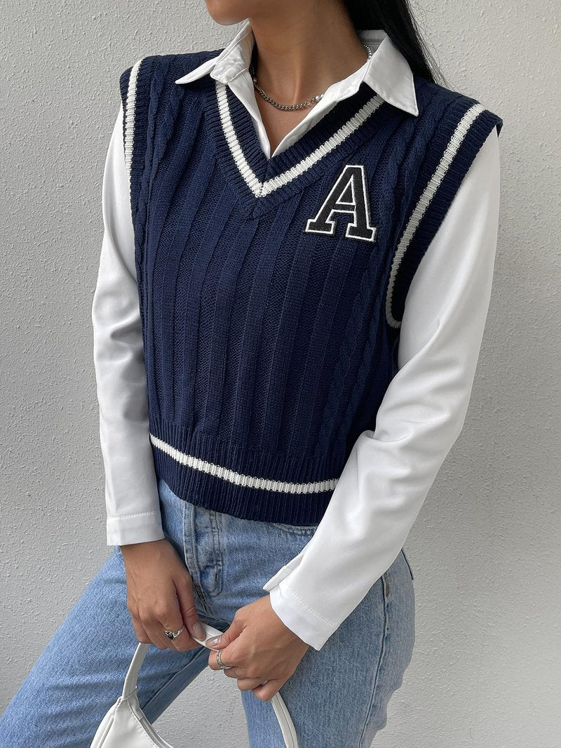 Floerns Women's V Neck Letter Striped Trim Sleeveless Sweater Vest Knit Top Navy Blue S