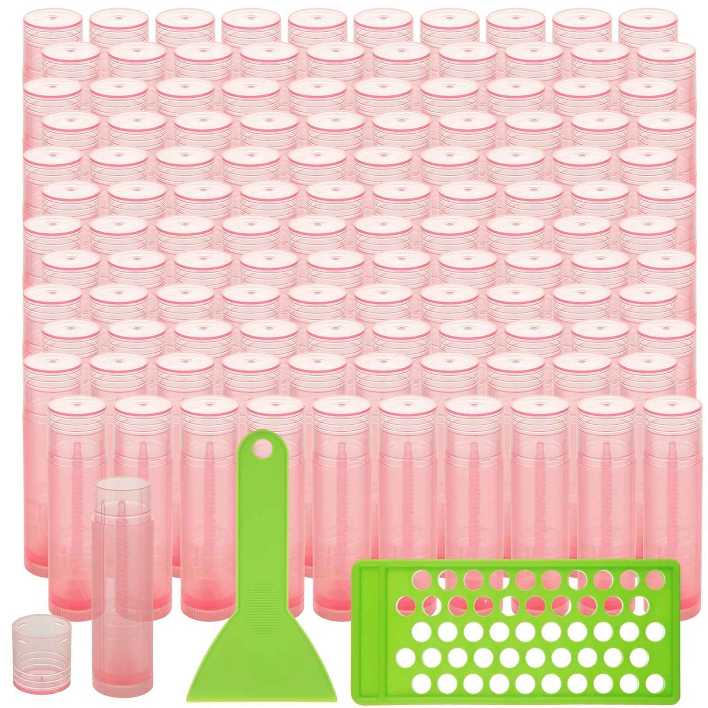 LANIAKEA 100PCS Lip Balm Tubes with Filling Tray and Spatula Set, Clear Containers with Pink Caps, Empty Chapstick Tubes Bulk for DIY Lipstick Homemade 3/16 Oz (5.5 ml)
