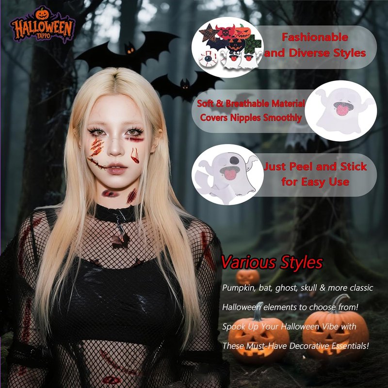 Halloween Nipple Covers - 8 Pairs of Bat, Skeleton & Pumpkin Pasties | Latex-Free Body Adhesive for Rave & Cosplay