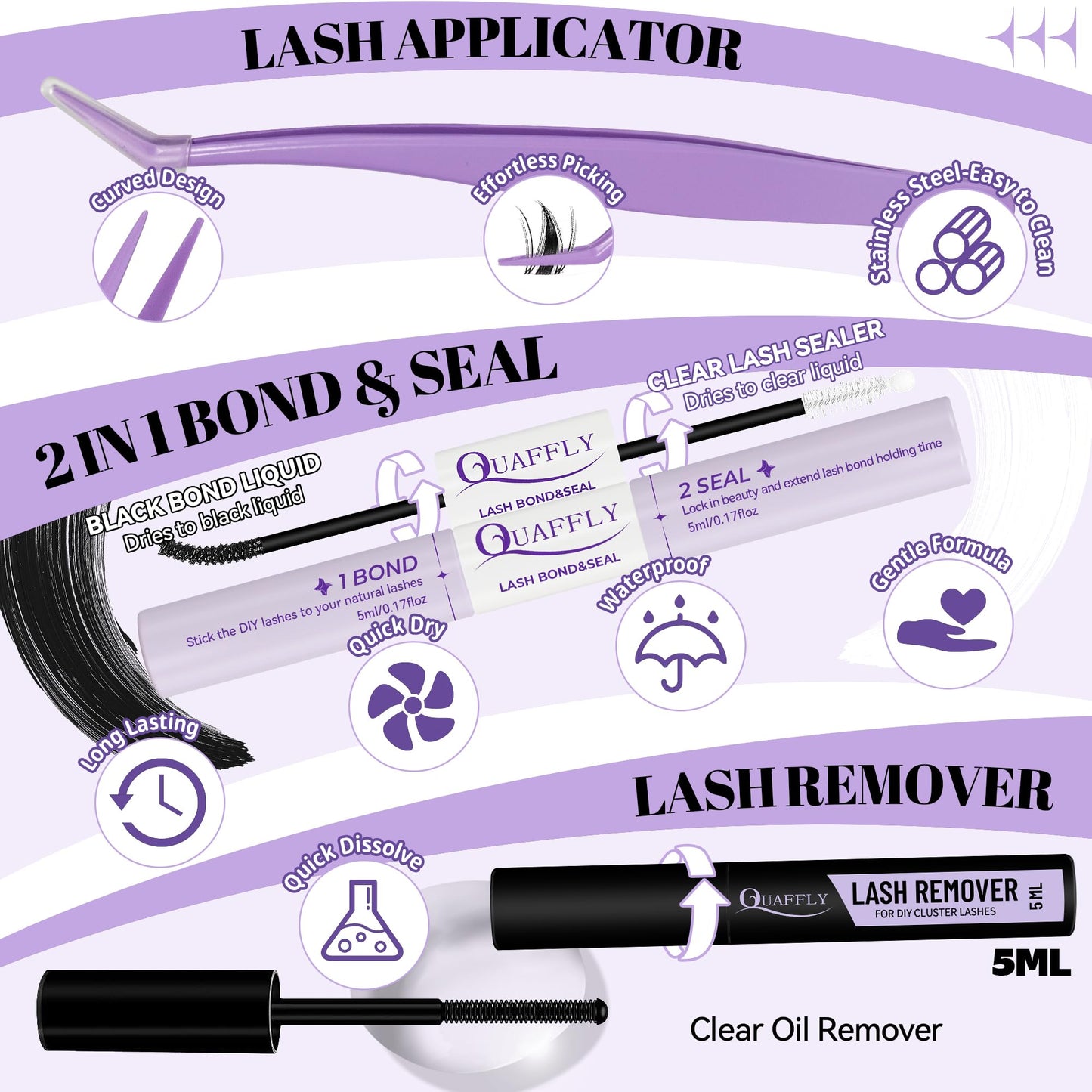 QUAFFLY Lash Extension Kit - 10-18mm Invisible Transparent Band Lashes with Bond&Seal & Remover and Tweezers for Easy Self-Application, Natural Wispy Cluster Extensions (D-Mix10-18mm kit)