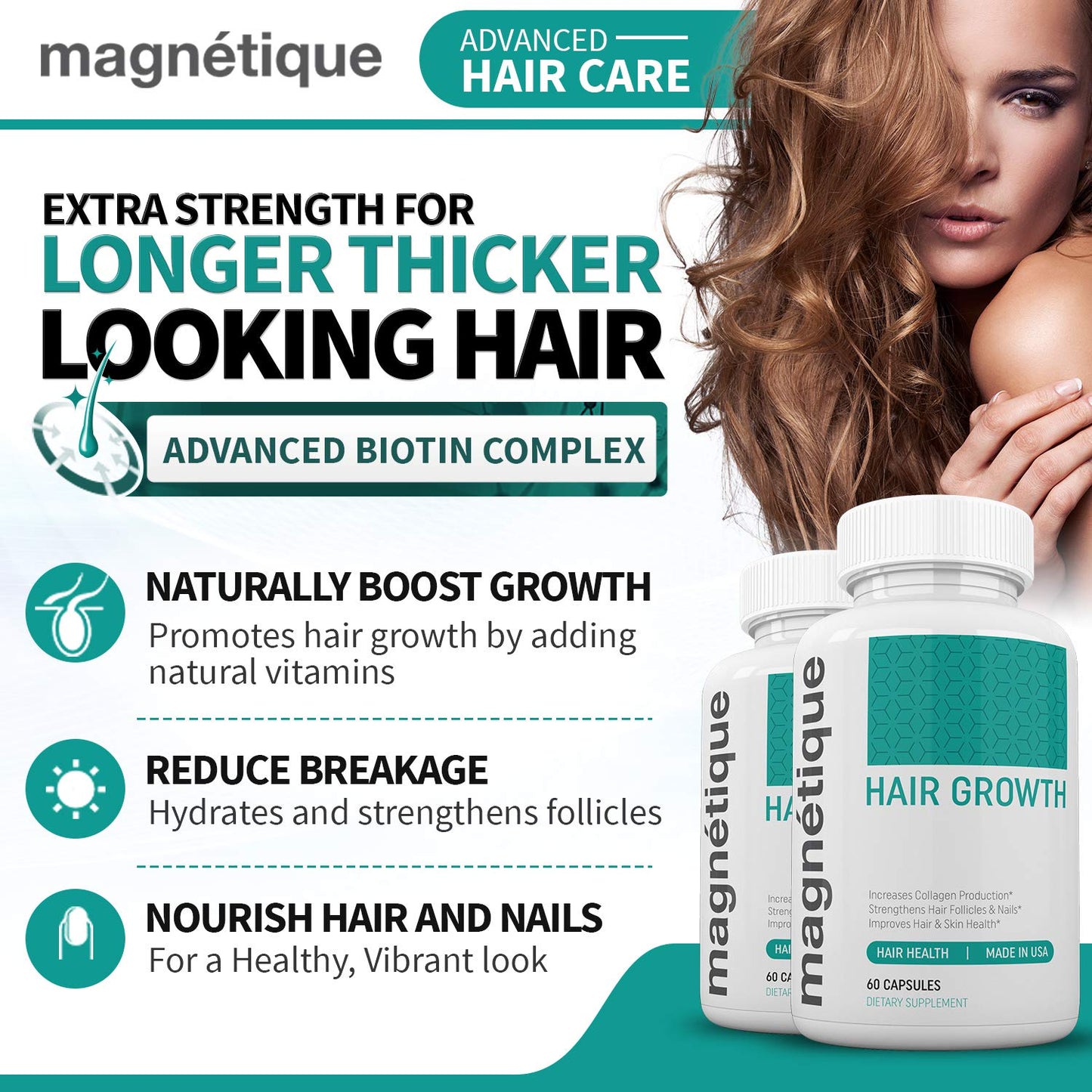 Magnetique Hair Growth -Promotes Stronger, Longer, Healthier Hair - GMO Free with Natural Ingredients