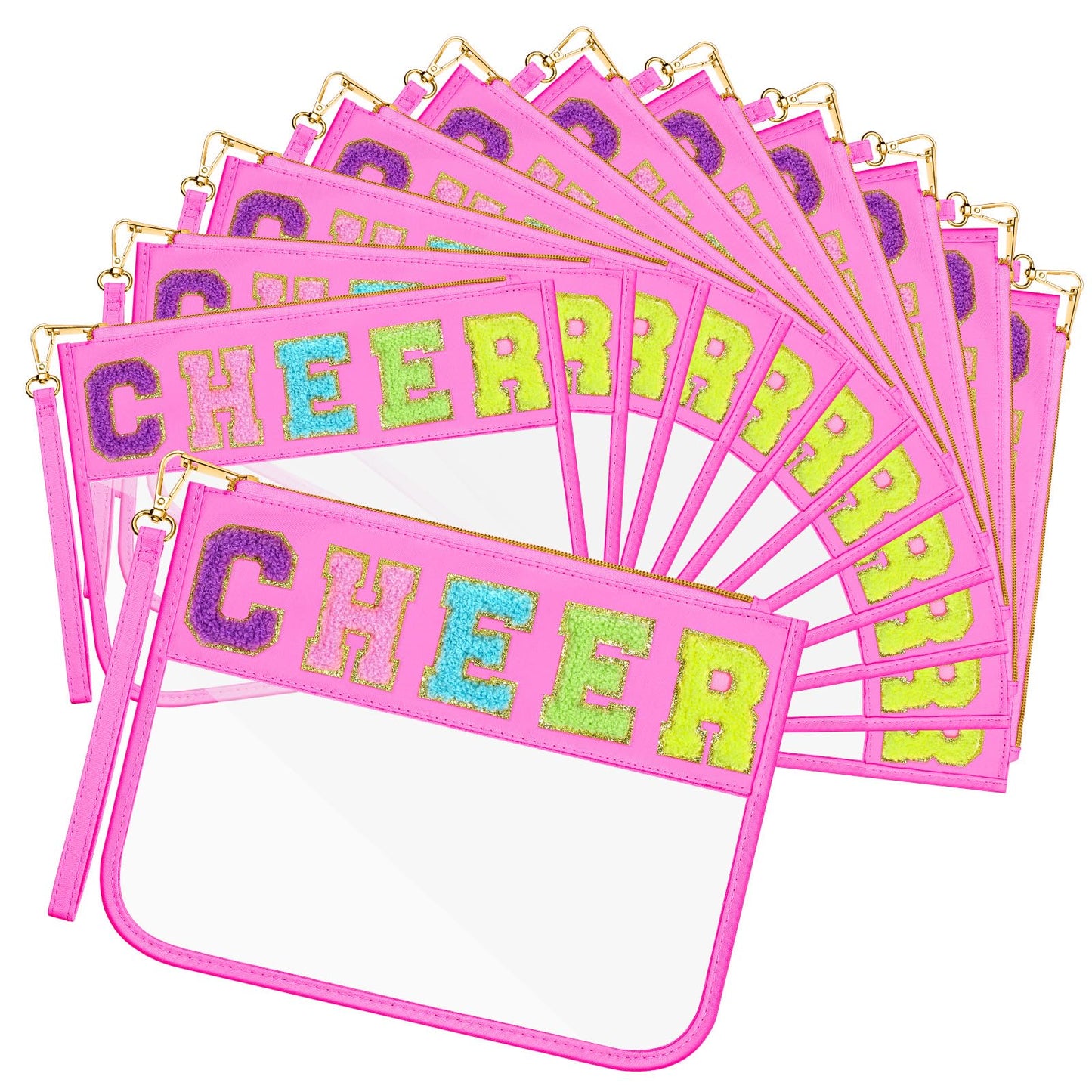 Abbylike 12 Pcs Cheer Bags Cheerleaders Gifts Chenille Letter Makeup Bag Clear Snack Bag with Zipper Waterproof Travel Cosmetic Pouch Bulk for Team Cheerleading Women Mom(Pink)