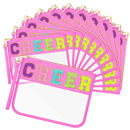 Abbylike 12 Pcs Cheer Bags Cheerleaders Gifts Chenille Letter Makeup Bag Clear Snack Bag with Zipper Waterproof Travel Cosmetic Pouch Bulk for Team Cheerleading Women Mom(Pink)
