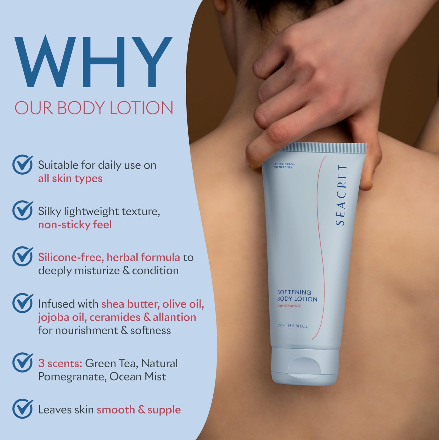 SEACRET Body Lotion for Dry Skin - Daily Moisturizing Lotion with Ceramide, Squalane, Shea Butter & Dead Sea Minerals, Fast-Absorbing Non-Greasy Formula - Pomegranate Scent, 6.8 Fl Oz / 200 ml