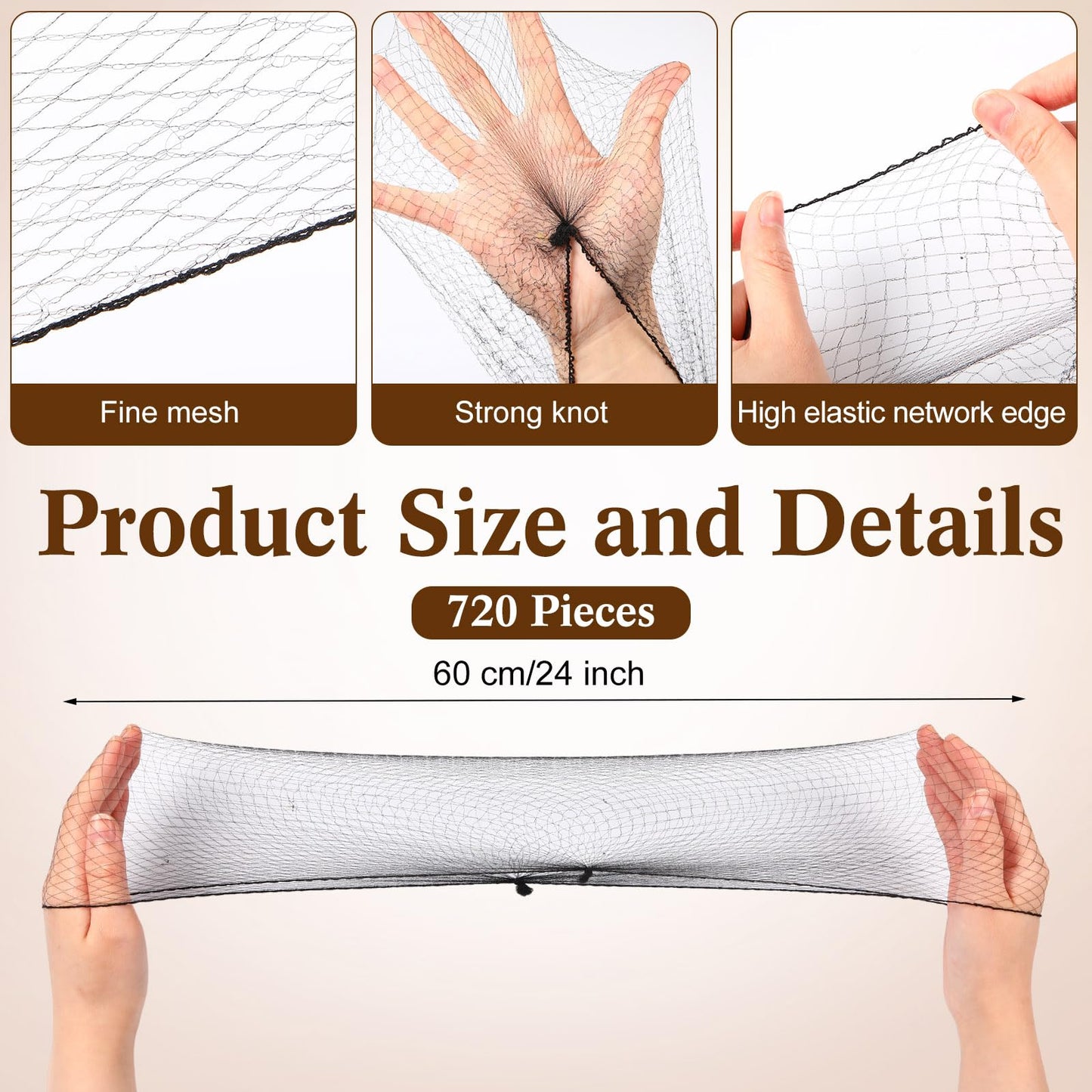 Yuxung 720 Pcs Hair Nets 24 Inches Bulk Hair Nets for Women - Invisible Elastic Mesh for Food Service, Ballet Bun, Sleeping, Women and Wig, Black