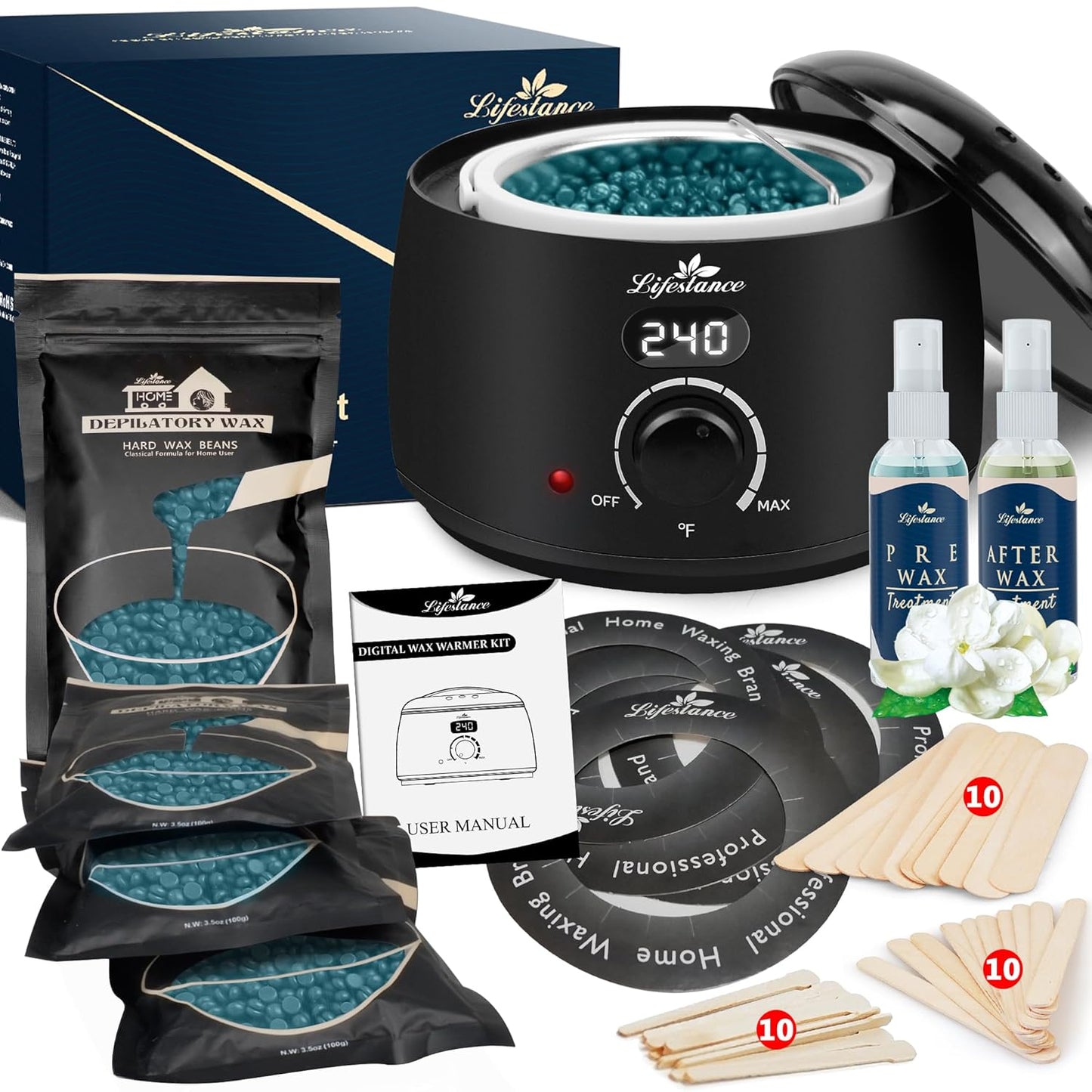 Waxing Kit for Women & Men - L2 Digital Wax Pot Warmer with 14.1oz Hard Wax Beads & 42 Accessories for Home Brazilian & Bikini Hair Removal