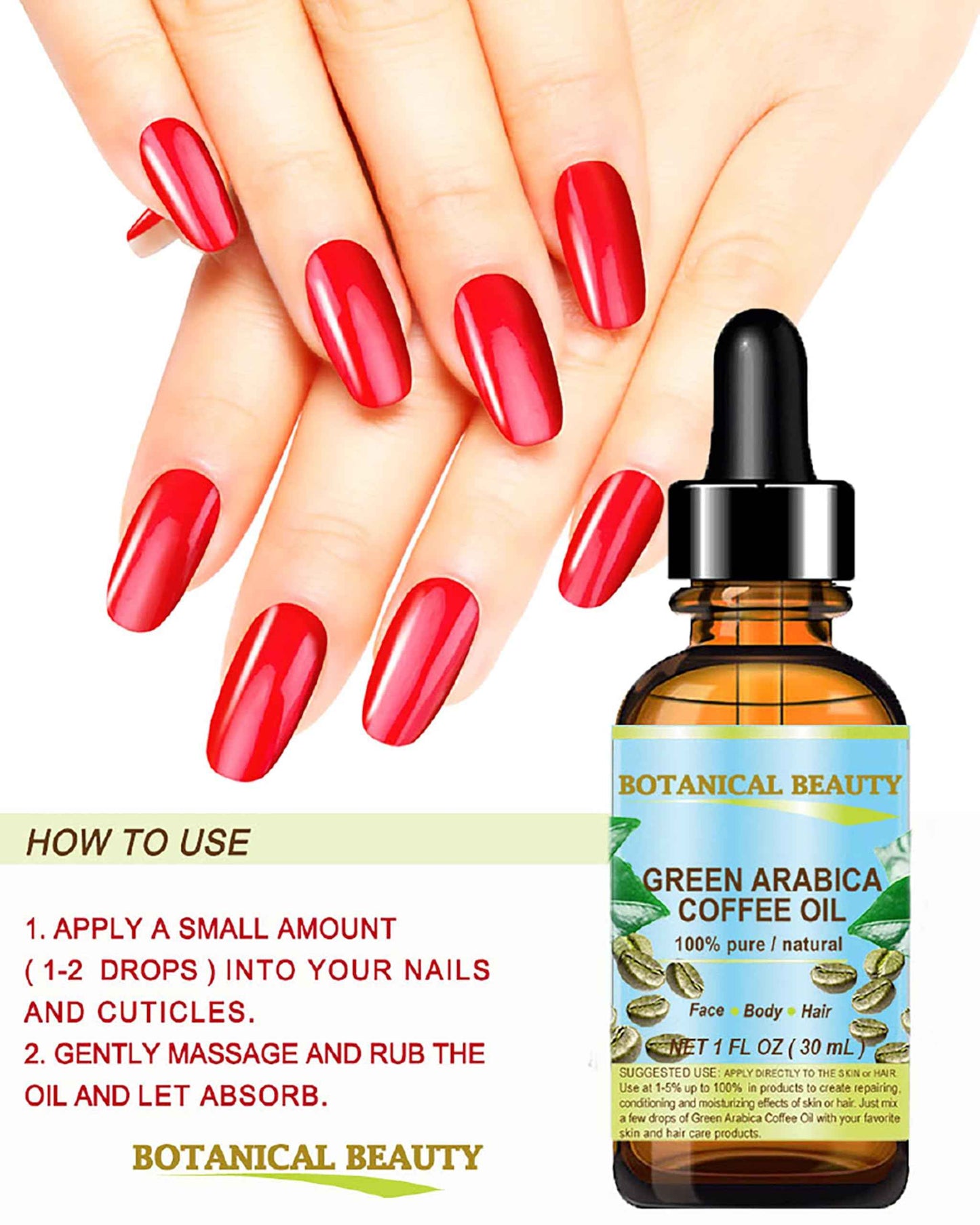 Botanical Beauty GREEN ARABICA COFFEE OIL Brazilian 100% Pure Virgin Unrefined for Face, Skin, Hair, Lip, Nails. Anti - Aging Face Oil (1 Fl Oz)