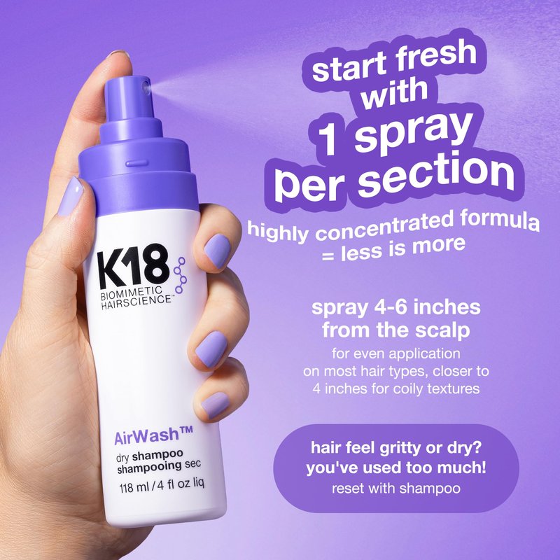 K18 AirWash™ Dry Shampoo, Non-Aerosol, Balances Scalp & Controls Excess Oil Production, 1.6 Fl Oz