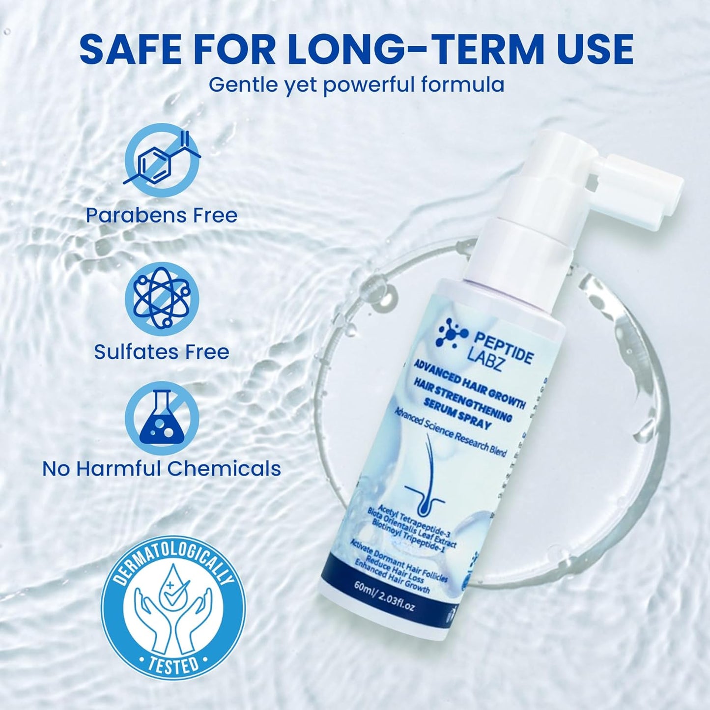Peptide Hair Growth Serum Spray - Acetyl Tetrapeptide-3 & Biotin | Boost Hair Thickness & Strength