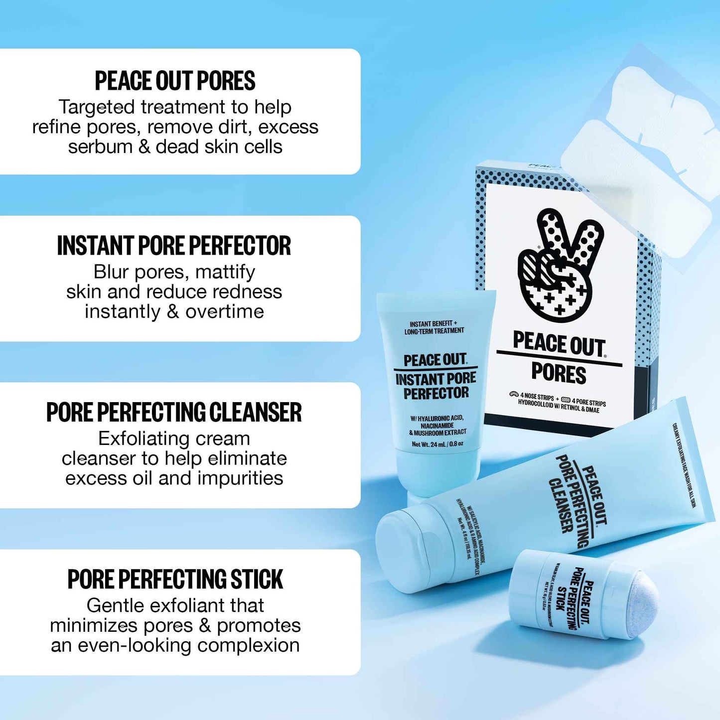 PEACE OUT Skincare Pore Minimizing Strips, Hydrocolloid Pore-Refining Nose and Face Strips with Retinol & Vitamin A to Shrink Enlarged Pores and Remove Blackheads (4 pore and 4 nose strips)