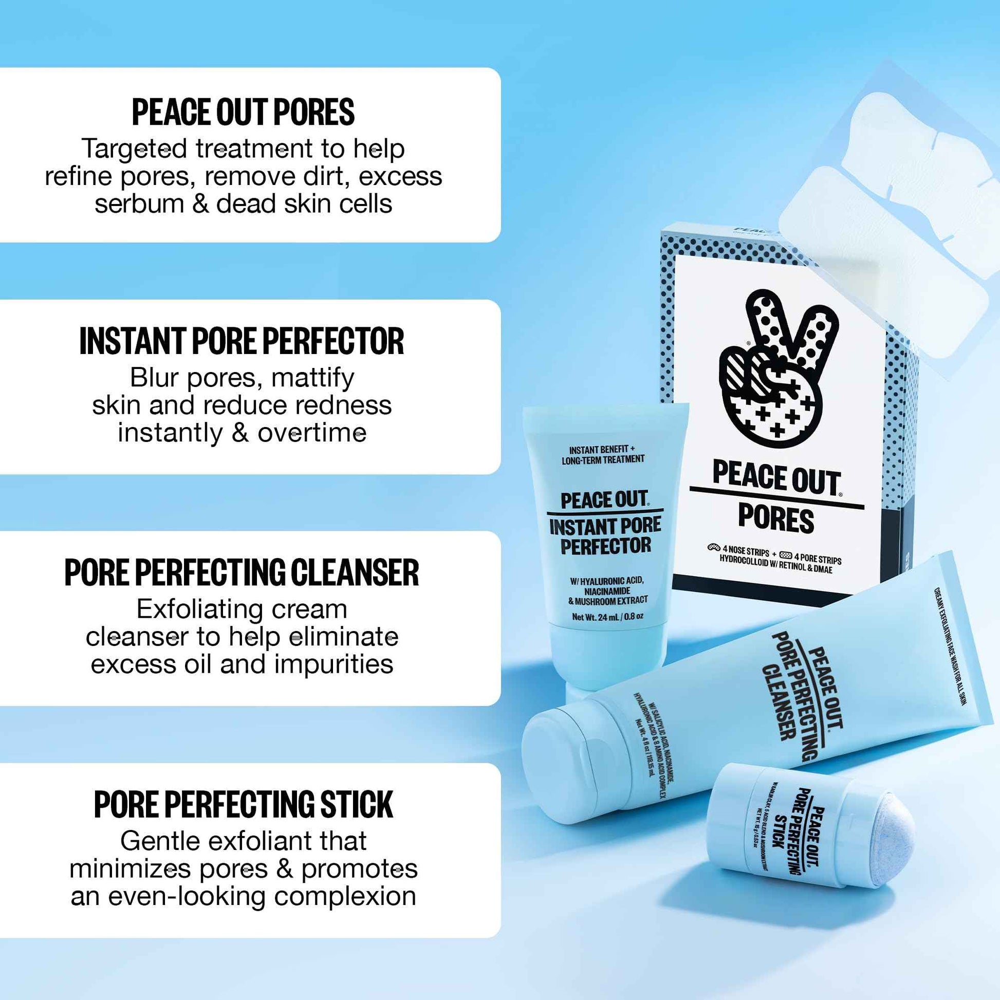 PEACE OUT Skincare Pore Minimizing Strips, Hydrocolloid Pore-Refining Nose and Face Strips with Retinol & Vitamin A to Shrink Enlarged Pores and Remove Blackheads (4 pore and 4 nose strips)
