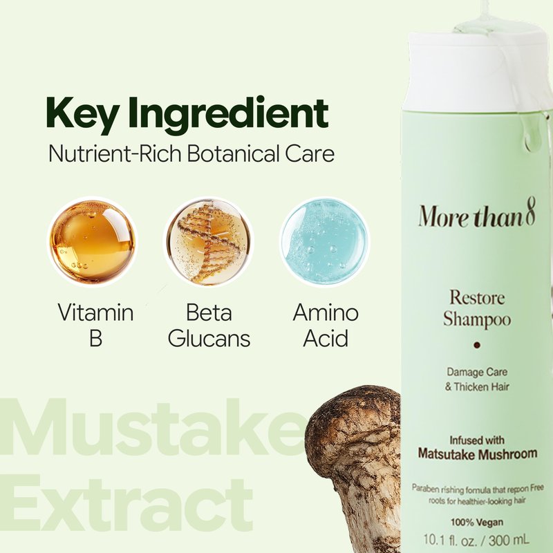 Morethan8 Restore Anti Hair Loss and Hair Growth Shampoo with Matsutake Mushroom – 100% Vegan, Paraben-free, Sulfate-free, Silicon-free – 10.1 Oz