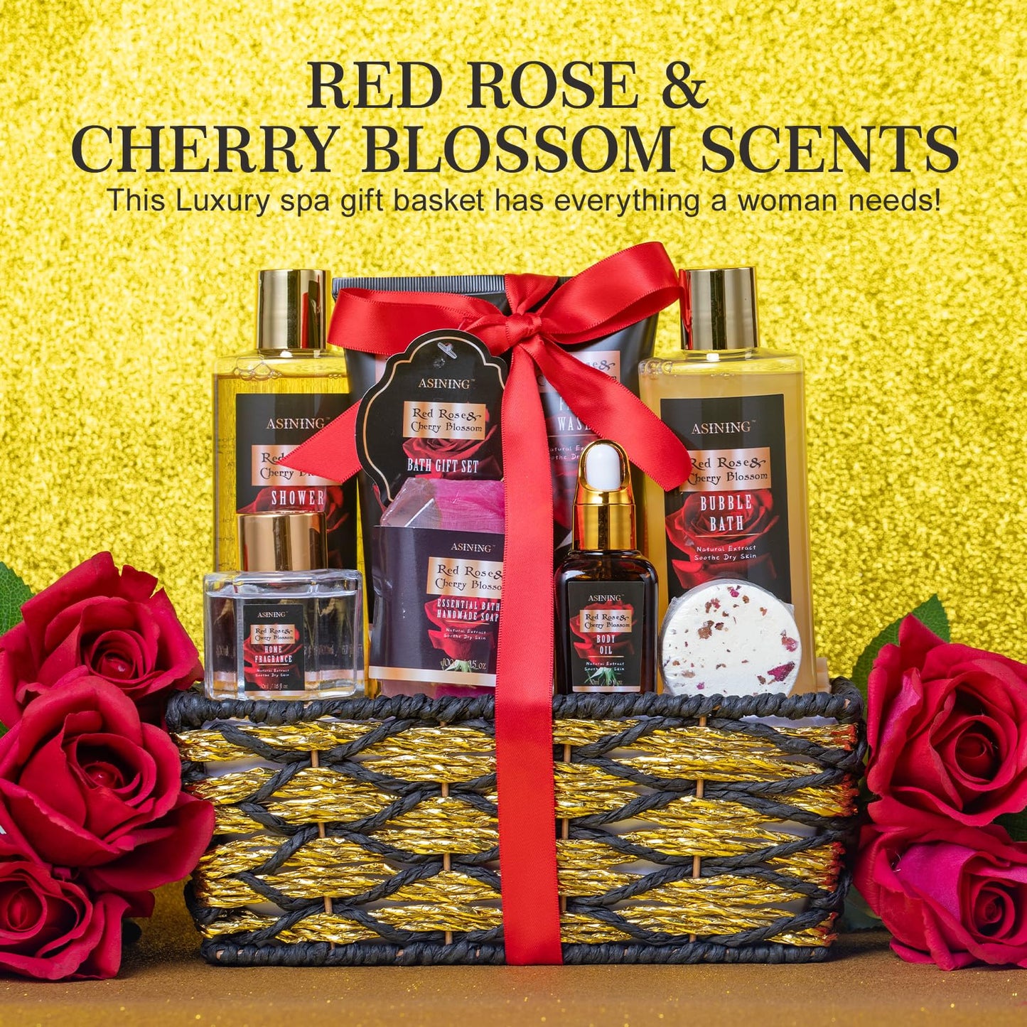 Luxury 14 pcs Cherry Blossom & Rose Bath and Body Basket Gift, Face Skin Care Kit, Home Spa Self Care, Relaxing Care Kit, Birthday, Christmas, Mother, Bridal Shower, Anniversary
