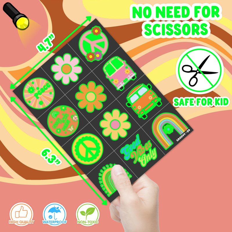 96PCS One Two Groovy 60s 70s Pre-Cut Luminous Temporary Tattoos for Kids Birthday Theme Party Supplies Decorations Favors Decor Super Cute Retro Hippie Rainbow Tattoo Stickers Gifts for Girls Boys