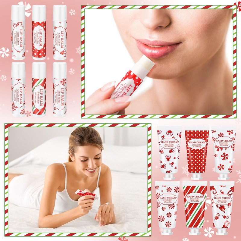 Leelosp 12 Pcs 6 Sets Christmas Hand Cream and Lip Balm Gift Set Bulk Mini Travel Size Lotion and Lip Balm with Peppermint Candy Theme Xmas Stocking Stuffers Thank You Gift for Women Staff Coworker