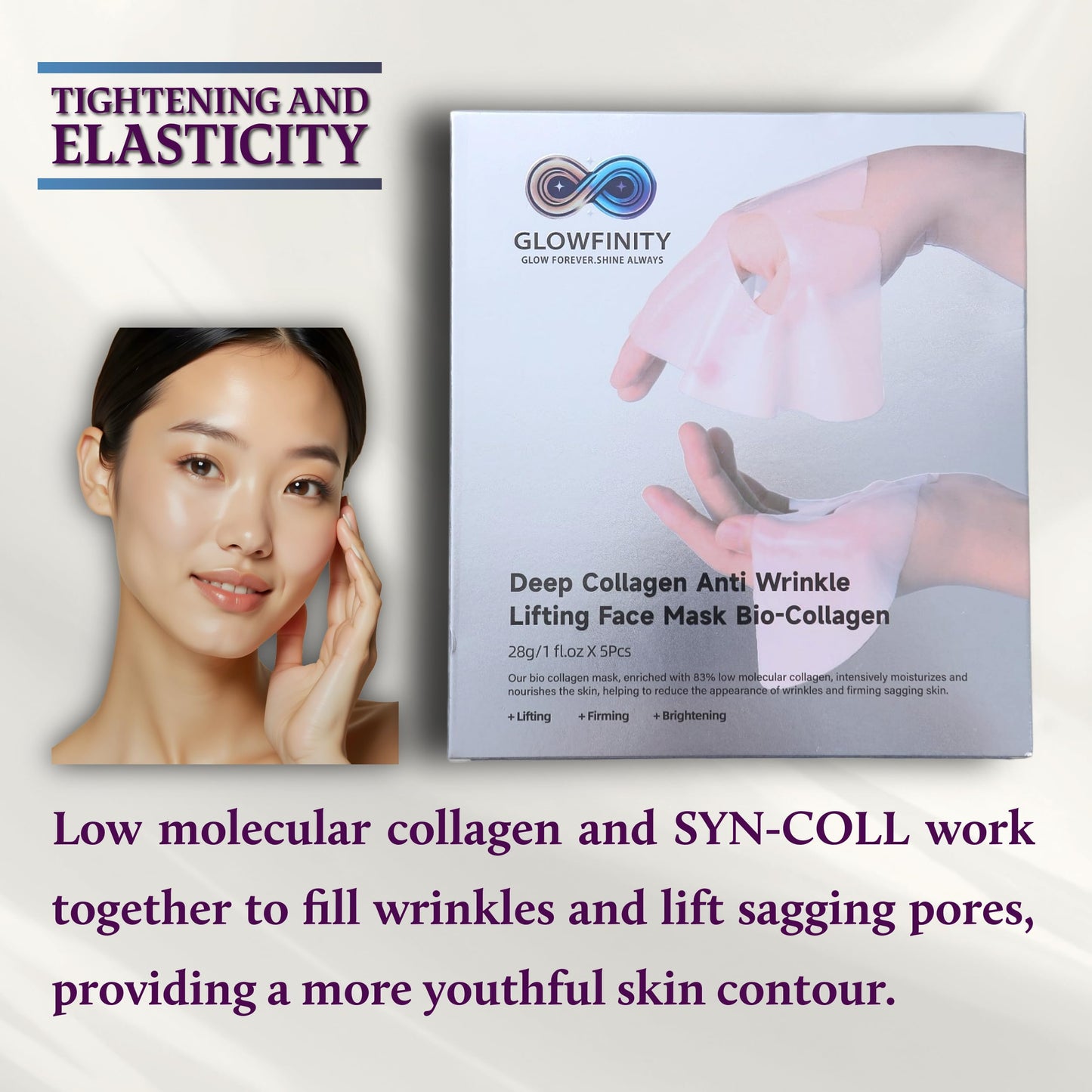 GLOWFINITY - Deep Collagen Korean Skin Care Anti Wrinkle Lifting Face Mask Bio-Collagen Real Deep Mask, Hydrating Overnight Collagen Face Mask for Lifting, Firming and Moisturizing (5pcs/1 Box)