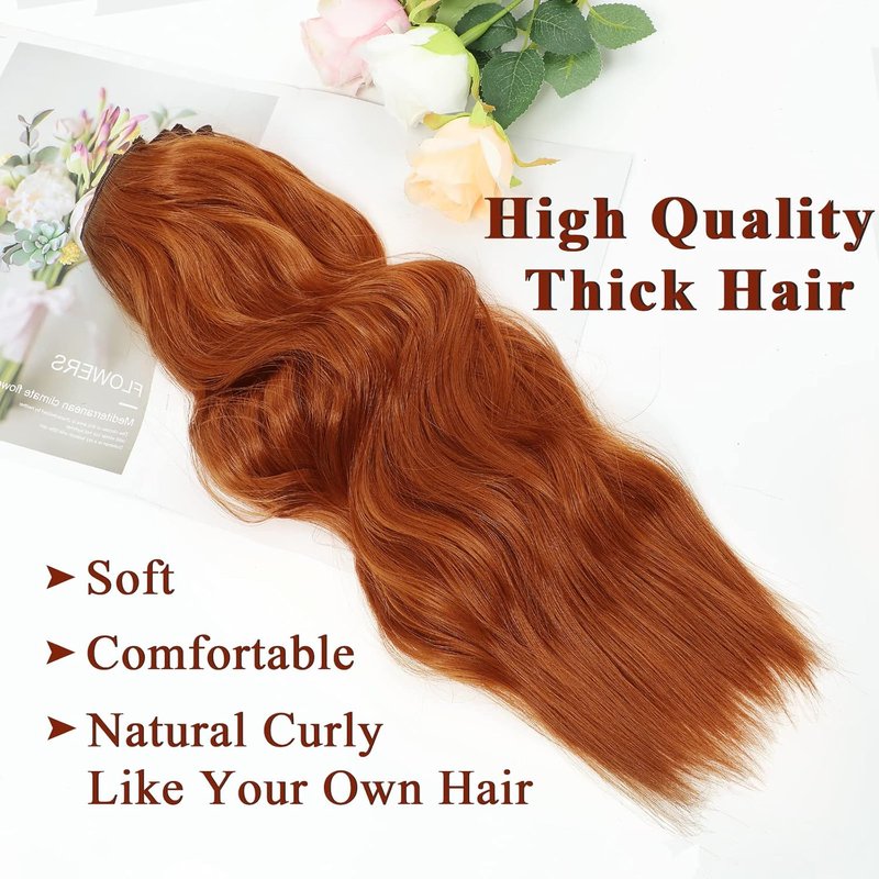 Long Wavy Hair Extensions - 4PCS Copper Red Curly Synthetic Thick Hairpieces | 20 Inch Double Weft Full Head