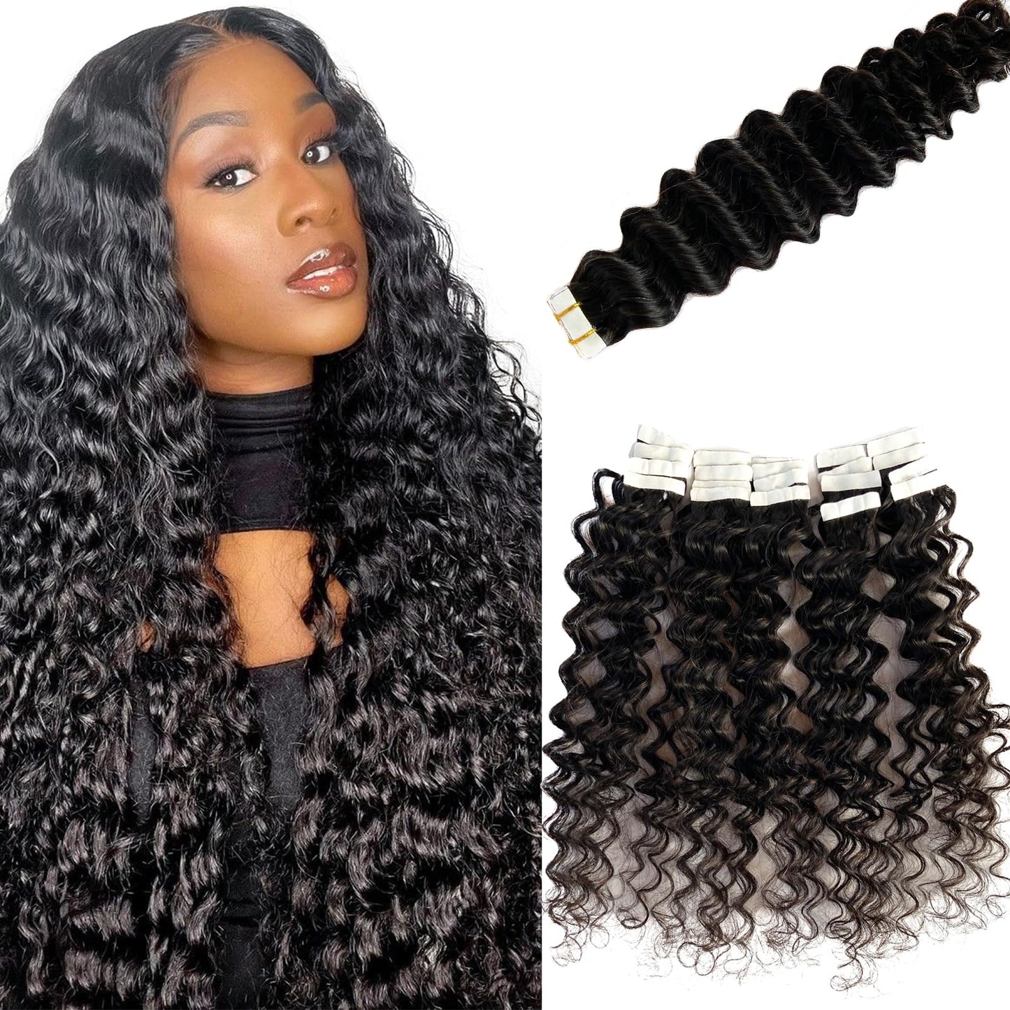 Deep Wave Tape in Hair Extensions Human Hair, Black Hair Extensions Real Remy Human Hair Curly Tape ins for Black Women, 50g/pack 20pcs Double Sided Invisible Tape Hair Extension 14 Inch