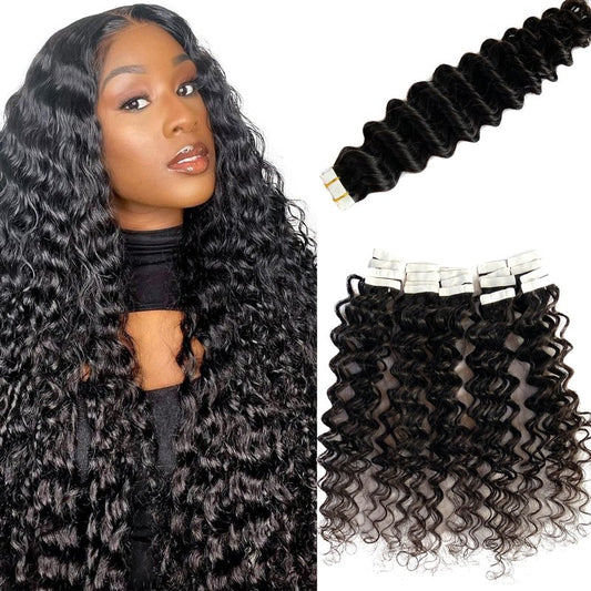 Deep Wave Tape in Hair Extensions Human Hair, Black Hair Extensions Real Remy Human Hair Curly Tape ins for Black Women, 50g/pack 20pcs Double Sided Invisible Tape Hair Extension 14 Inch