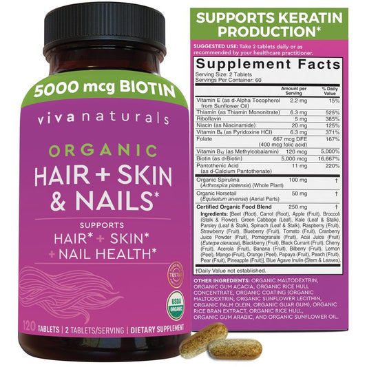 Biotin 5000 mcg Hair Skin Nails Vitamins for Women – Organic and Vegetarian-Friendly Supplement with Vitamin E, B-Vitamins, Spirulina, Horsetail and Superfood Blend to help Produce Keratin –120 Count