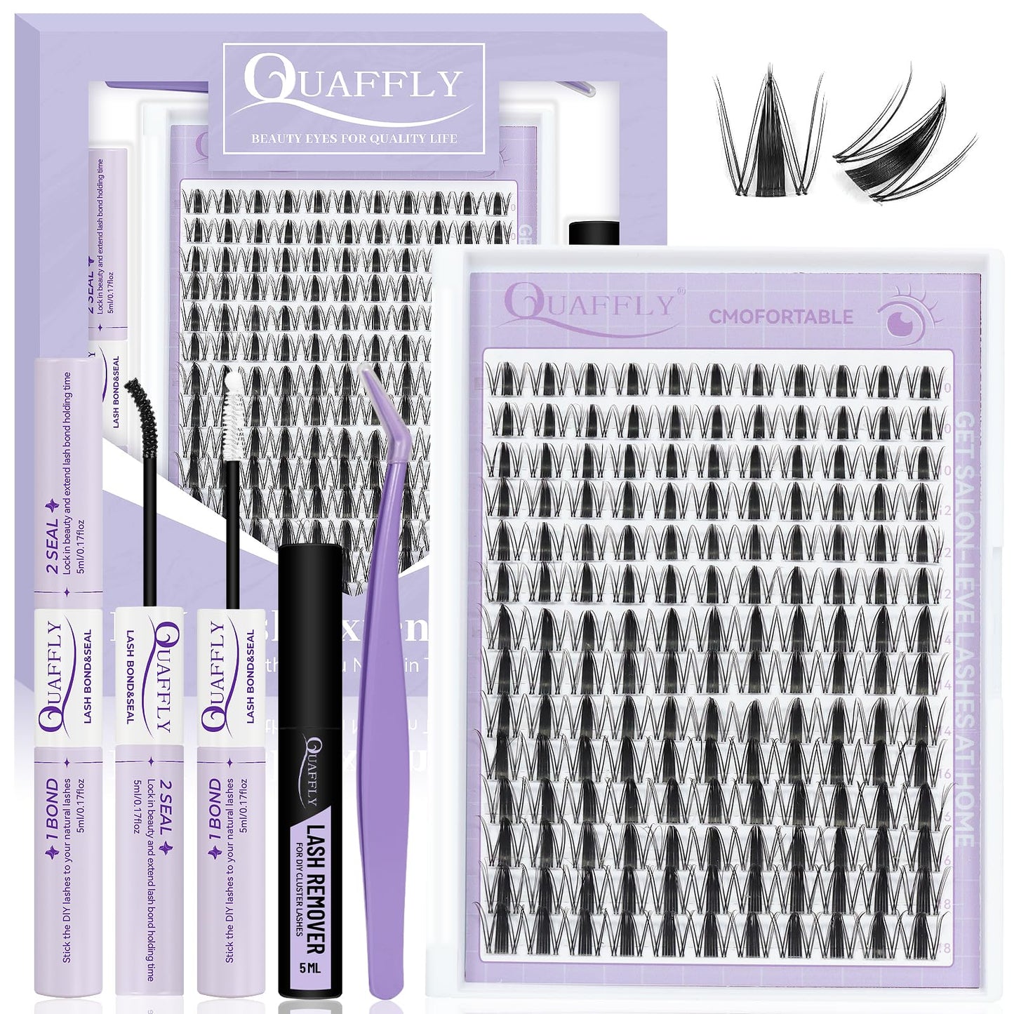 QUAFFLY Lash Extension Kit - 10-18mm Invisible Transparent Band Lashes with Bond&Seal & Remover and Tweezers for Easy Self-Application, Natural Wispy Cluster Extensions (D-Mix10-18mm kit)