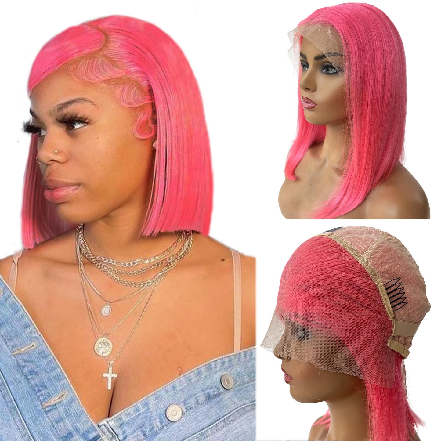 Pink Bob Lace Front Wigs Human Hair Pre Plucked 13x4 Straight Pink Bob Wigs 8Inch Glueless HD Lace Front Wig Human Hair 180% Density Pink Bob Wig for Black Women （10in）