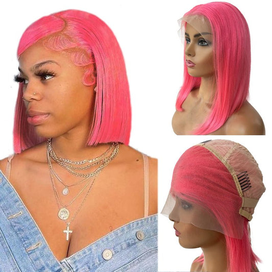 Pink Bob Lace Front Wigs Human Hair Pre Plucked 13x4 Straight Pink Bob Wigs 8Inch Glueless HD Lace Front Wig Human Hair 180% Density Pink Bob Wig for Black Women （10in）