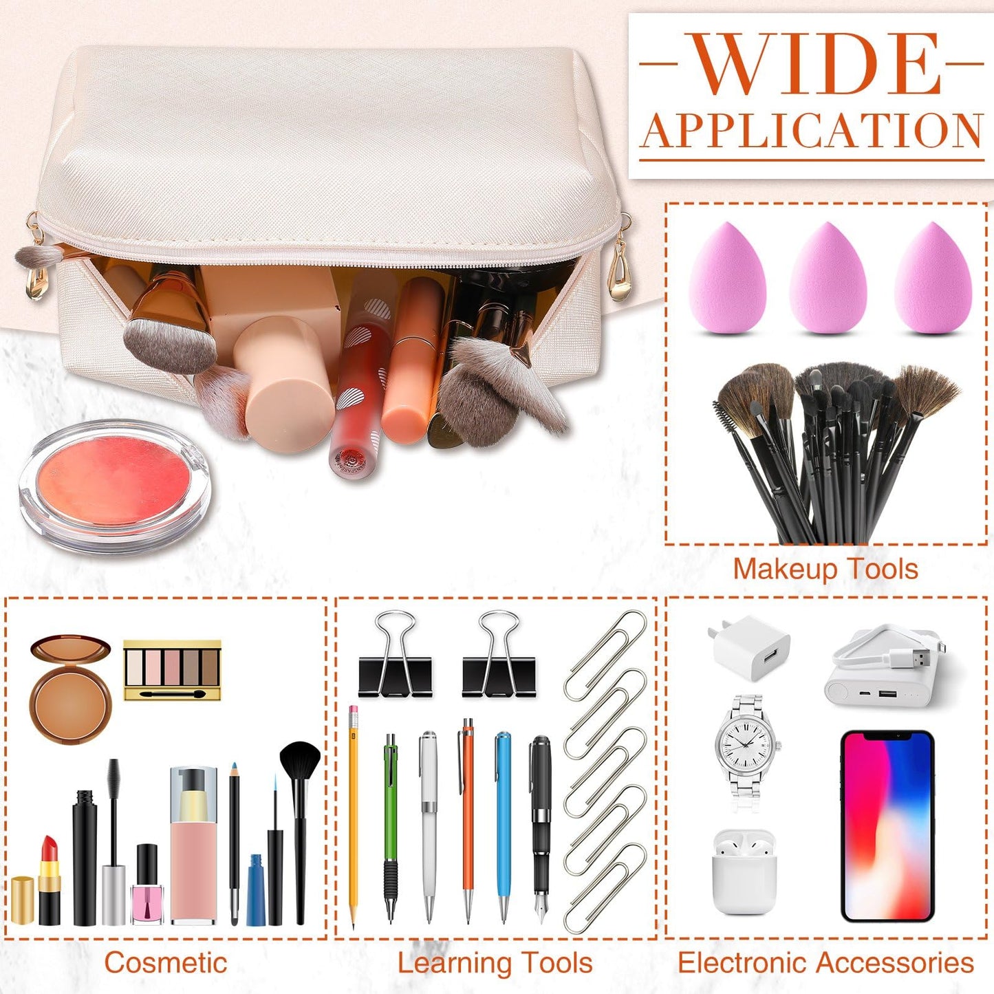 Sanwuta 9 Pcs Makeup Bags Bulk Bridesmaid Proposal Gifts Cosmetic Bags Preppy PU Leather Double Zipper Toiletry Pouch Portable Travel Organizer Case for Women Bachelorette Gift(Ivory White)