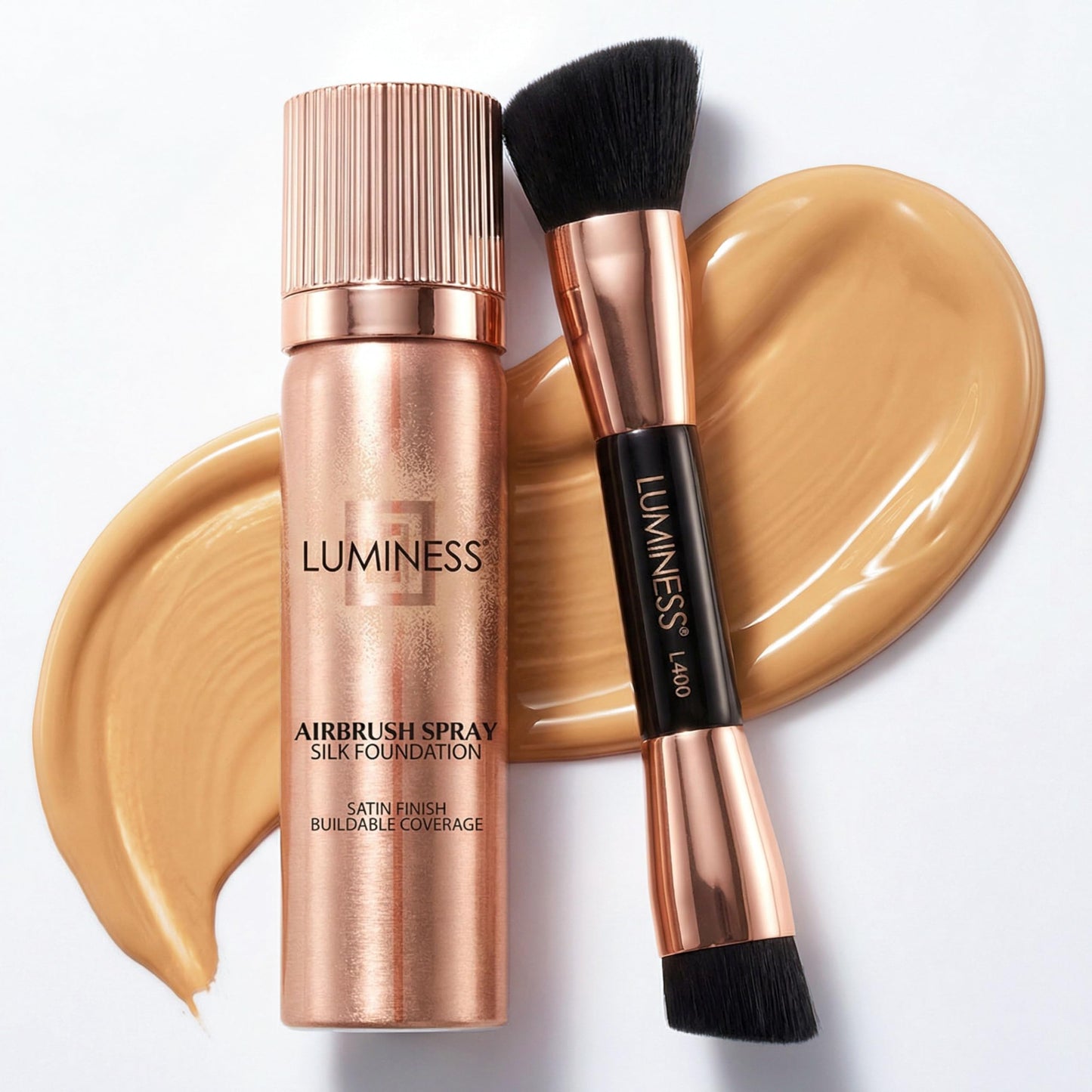 LUMINESS Silk Airbrush Spray Foundation & Buffing Brush Kit – Full Coverage Foundation & Dual-Sided Buffing Brush - Buildable Coverage, Anti-Aging Formula Hydrates & Moisturizes (Shade - Deep)