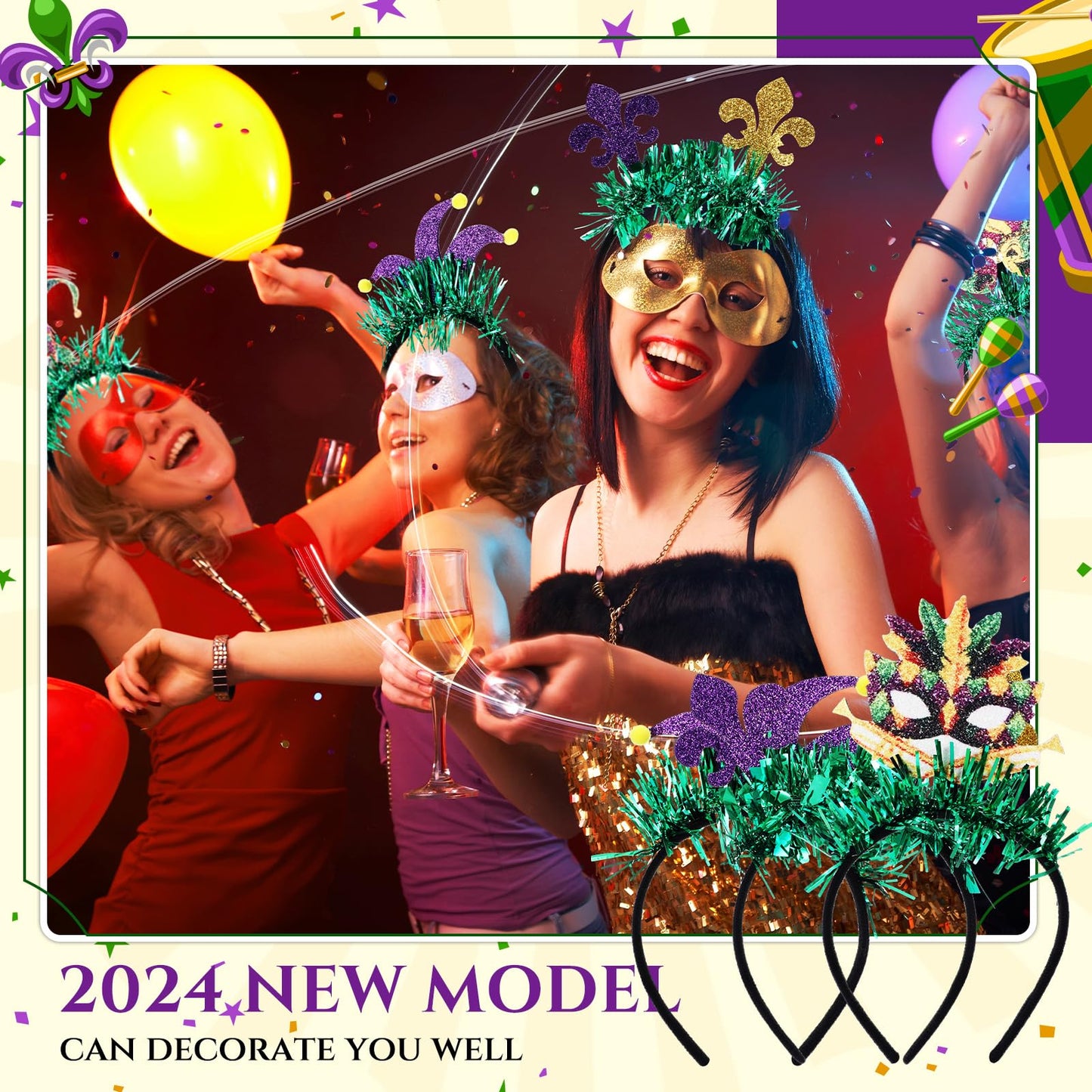 Hotop 24 Pcs Mardi Gras Party Favor Bulk 2026 Mardi Gras Carnival Headbands for Adult Women Party Decoration (Classic)
