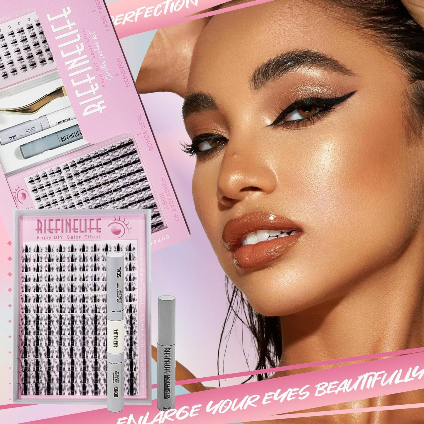 Lash Clusters Kit Manga Eyelash Clusters Kit, 8-18mm DIY Volume Eyelash Extensions, 208pcs C+D Curl Fluffy Individual False Lashes Waterproof Thin Band Salon 150-Hour Wear with Bond Seal Tweezers