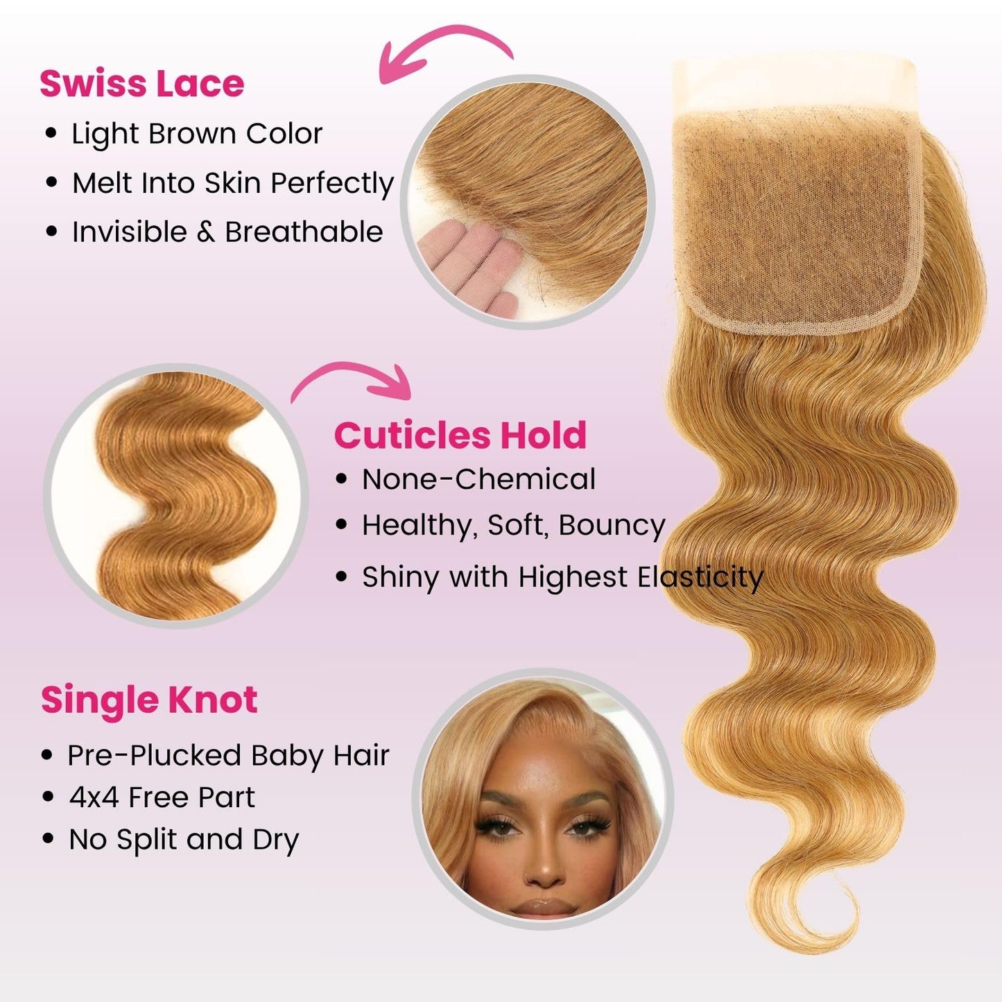 ALHER Honey Blonde 4x4 Closure Human Hair Body Wave, Color #27 Sun-kissed Vibe Golden Blonde Wavy Free Part Melt 4x4 HD Closure, 12A 100% Virgin Remy Real Human Hair Pre Plucked With Baby Hair 10 Inch