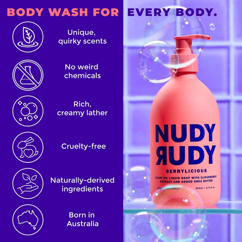 Nudy Rudy 3 Pack Liquid Body Wash Bundle Sea Salt Suds Berrylicious and Hunny Bunny Aloe Manuka Honey Vitamin E Moisturizing Shower Gel Body Wash Skin Care Men and Women 16.9 fl oz
