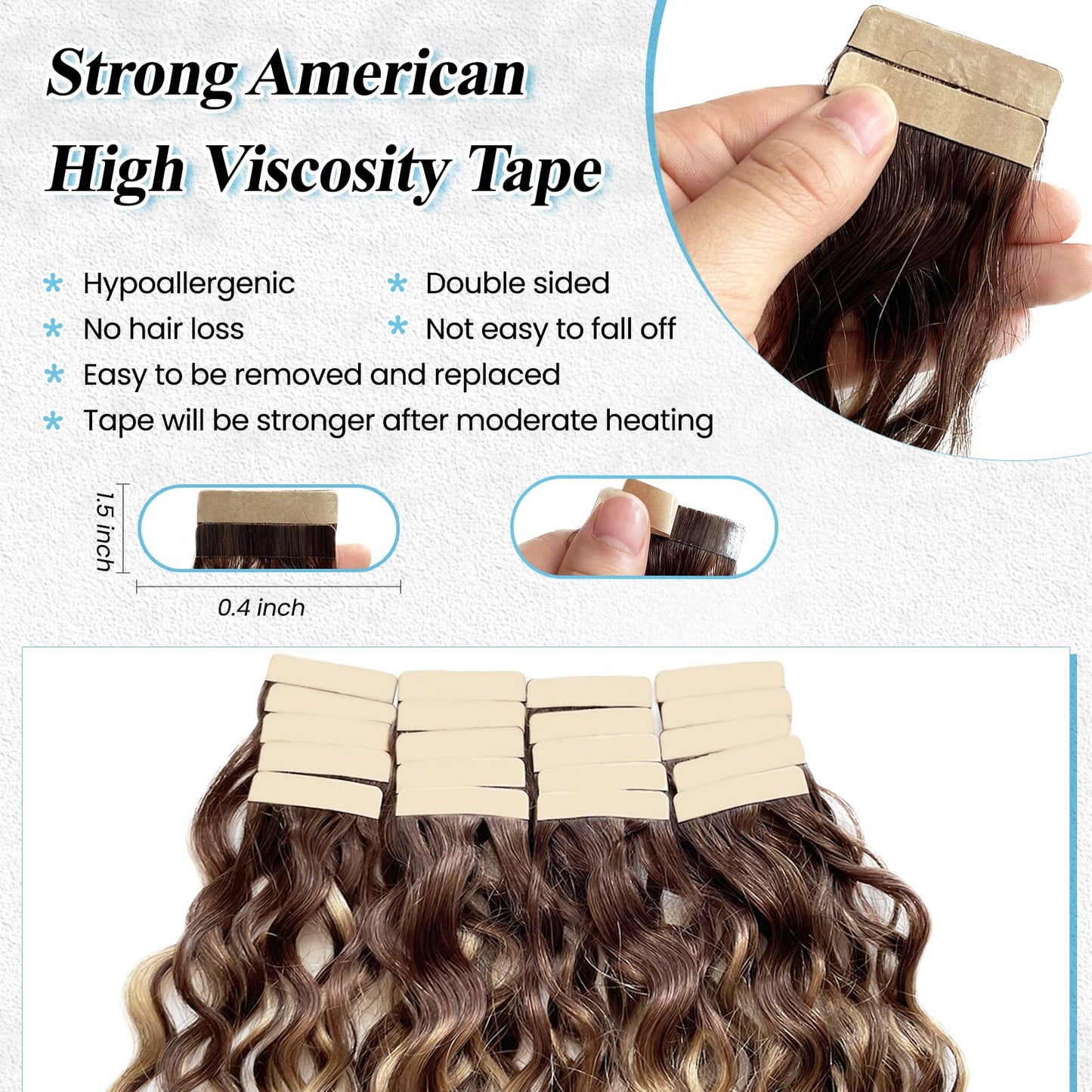 Honey Blonde Highlight Water Wave Tape in Human Hair Extensions Tape ins Real Human Hair Extensions for Black Women Ombre Brown with Caramel Blonde Highlight Loose Curly Skin Weft Hair Extension 12”