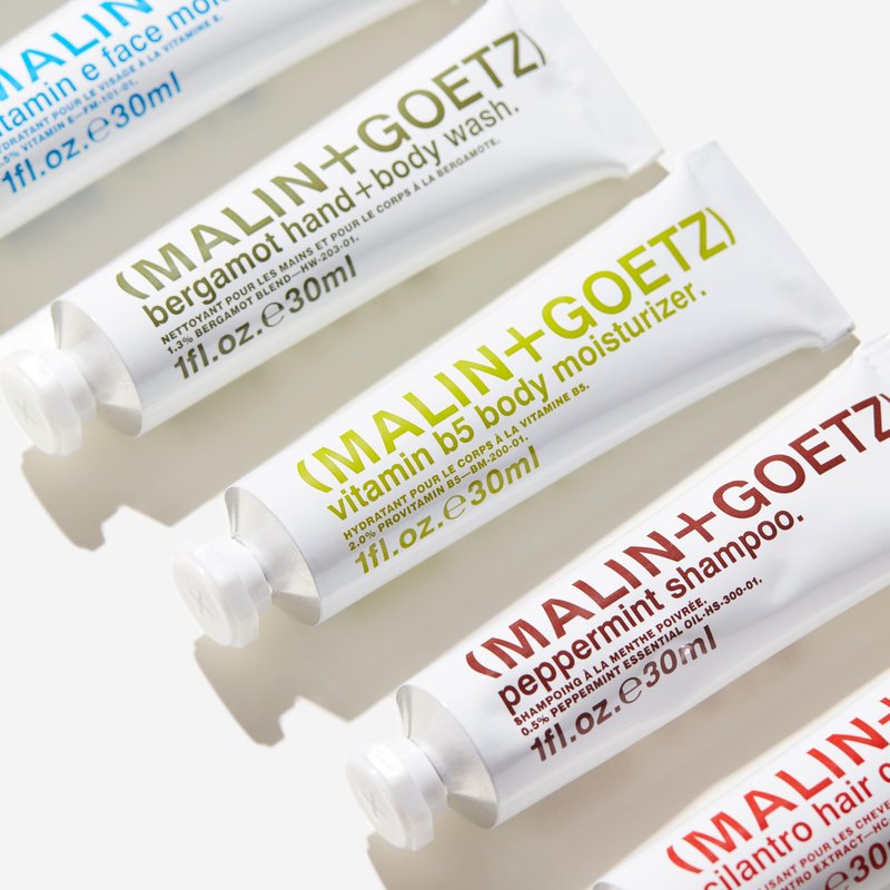 MALIN+GOETZ Best-Sellers Travel Kit | Six Everyday Essentials for Face, Body + Hair | Grapefruit Face Cleanser, Vitamin E Face Moisturizer, Peppermint Shampoo + More | Vegan, Travel-Friendly(6 x 1 oz)