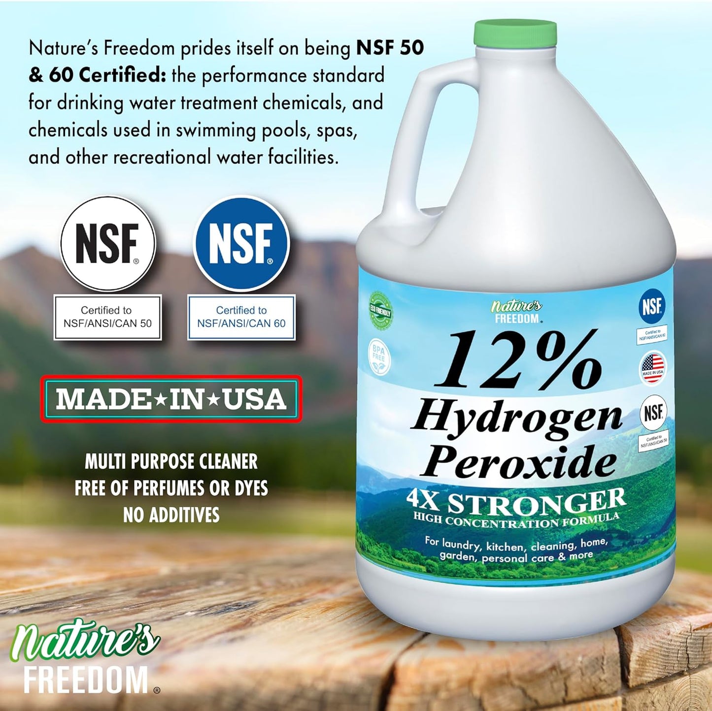 Nature's Freedom Hydrogen Peroxide 12% - Food Grade H2O2 | 4 Gallons of Purified Water