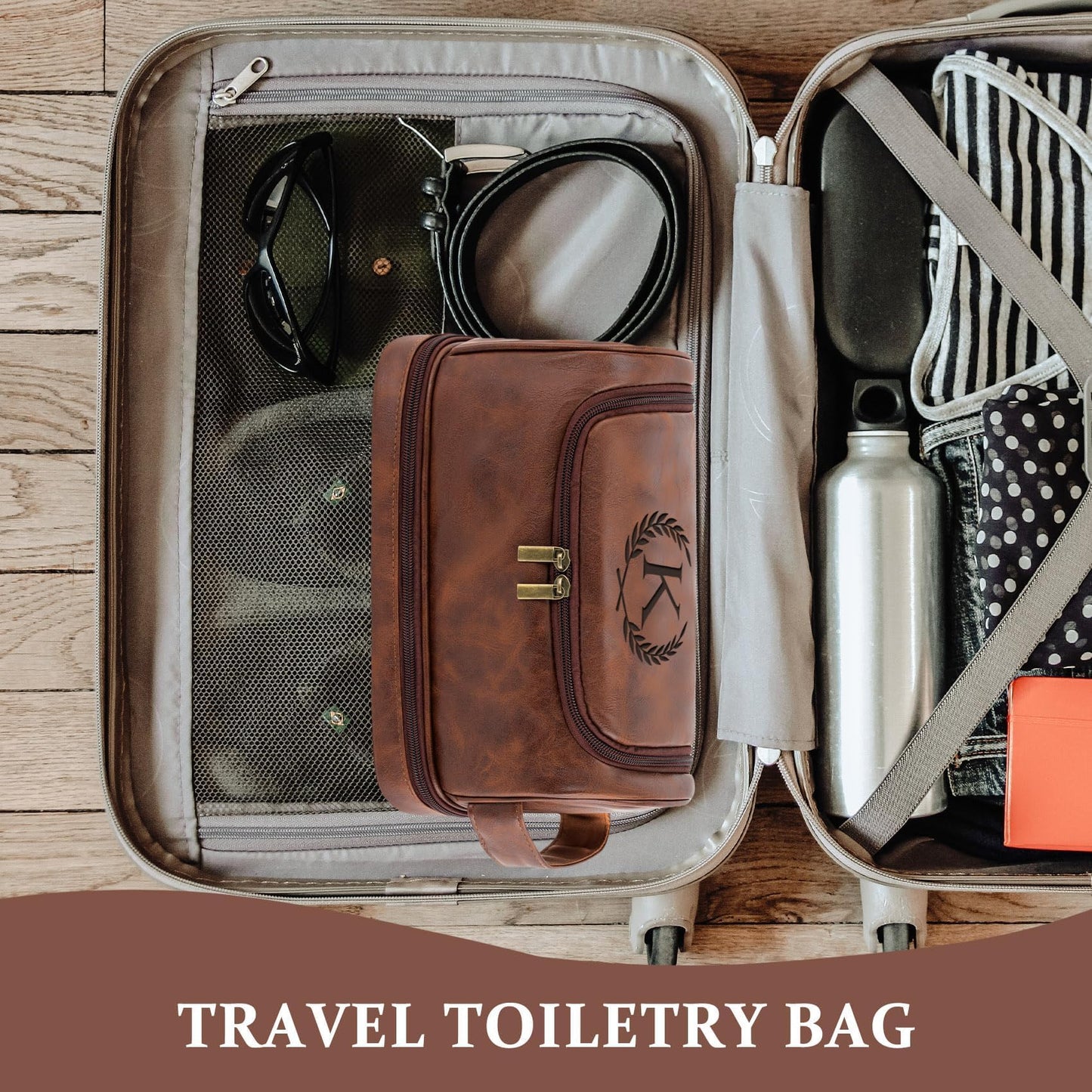 Aganmi Travel Essentials Accessories Initial Letter Hanging Toiletry Bag for Men, Personalized PU Leather Waterproof Travel Size Toiletries Storage Organizer Shaving Bag for Men, Reddish Brown R