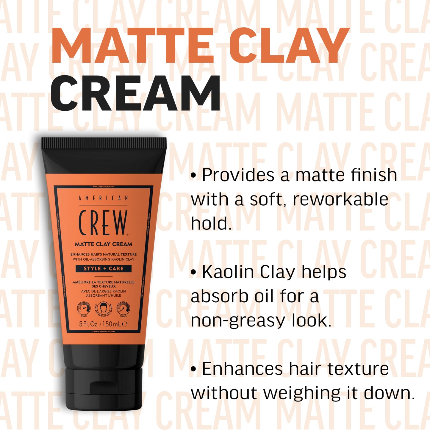 AMERICAN CREW Matte Clay Cream, Thickening & Defining Hair Clay with Kaolin Clay & Coconut Oil, Medium Hold Matte Finish for Fine & Straight Hair, 5 Fl Oz