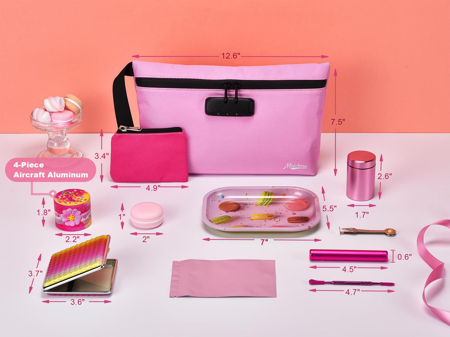 MAICHENG Smell Proof Bag with Combination Lock and 10 Accessories, Travel Medicine Odorless Storage Lock Box Case Container, Unique Design, Ideal Gift for Women, Pink