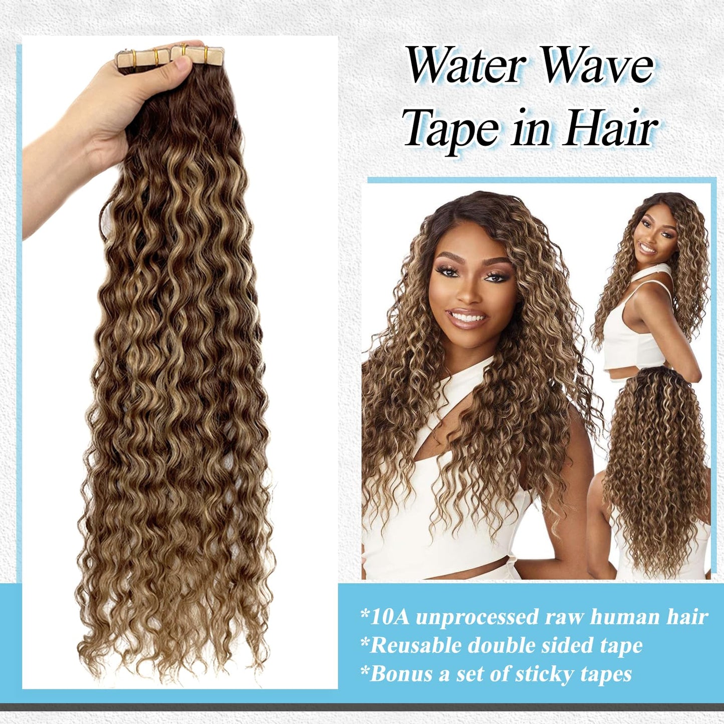 Honey Blonde Highlight Water Wave Tape in Human Hair Extensions Tape ins Real Human Hair Extensions for Black Women Ombre Brown with Caramel Blonde Highlight Loose Curly Skin Weft Hair Extension 12”
