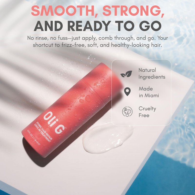 Oli G Atomic Hair Repair Leave In Treatment for Women – Anti Frizz Hair Treatment Cream with Oligopeptides & Botanical Proteins – Conditioning, Moisture & Strengthening Formula – All Hair Types – 2oz