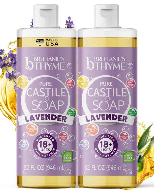 Brittanie’s Pure Castile Liquid Soap Refill, Lavender, 32 Ounce 2 Pack | Dish Soap, Hair & Body, Laundry, Home, Gentle and Pure, Made with Natural Luxurious Oils, Vegan & Gluten Free Non-GMO