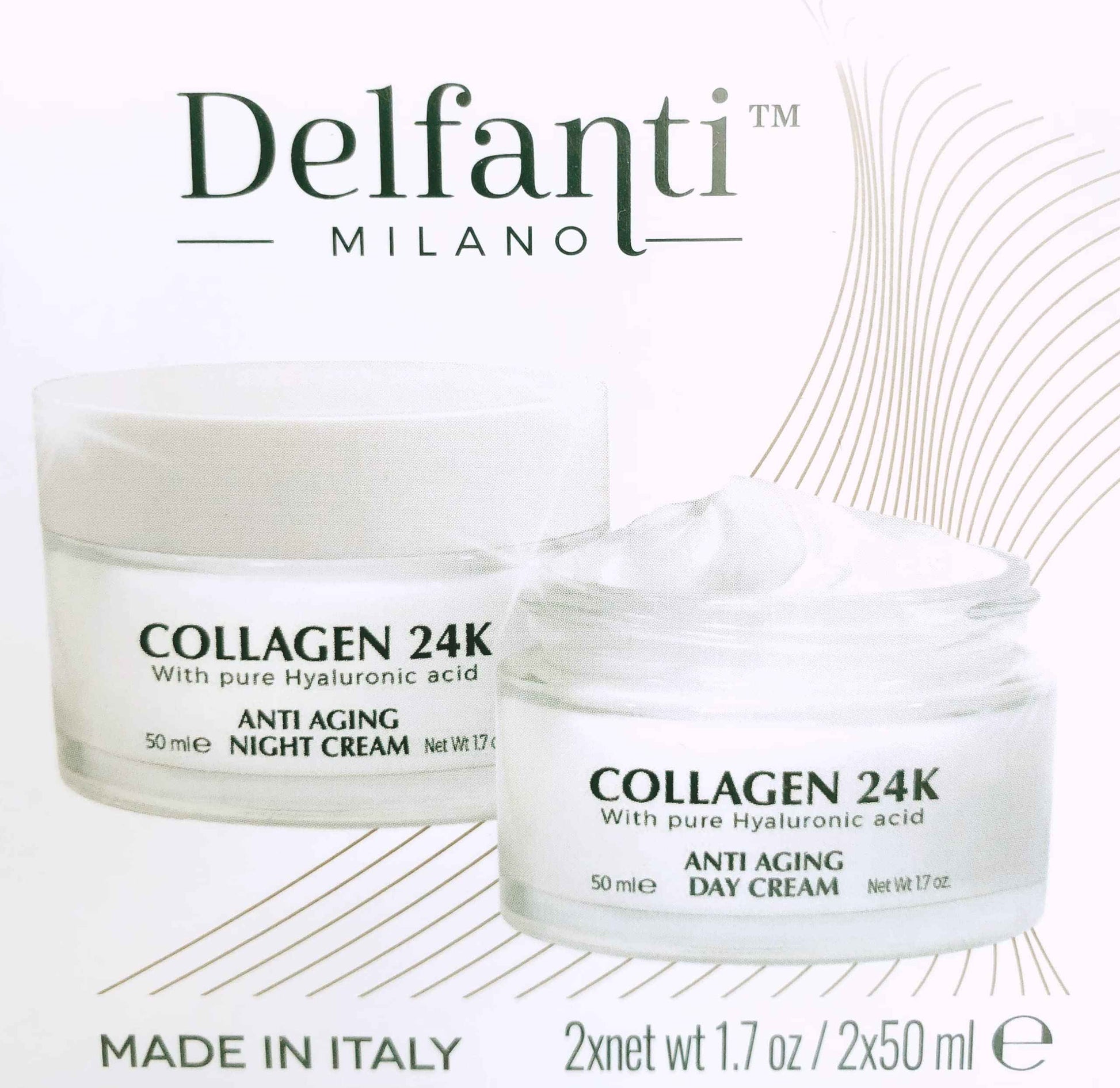 Delfanti • COLLAGEN 24K • Anti-Aging DUO pack • Day Cream jar PLUS Night Cream jar• Face, Neck and Décolleté Moisturizers with pure Hyaluronic Acid • Made in Italy