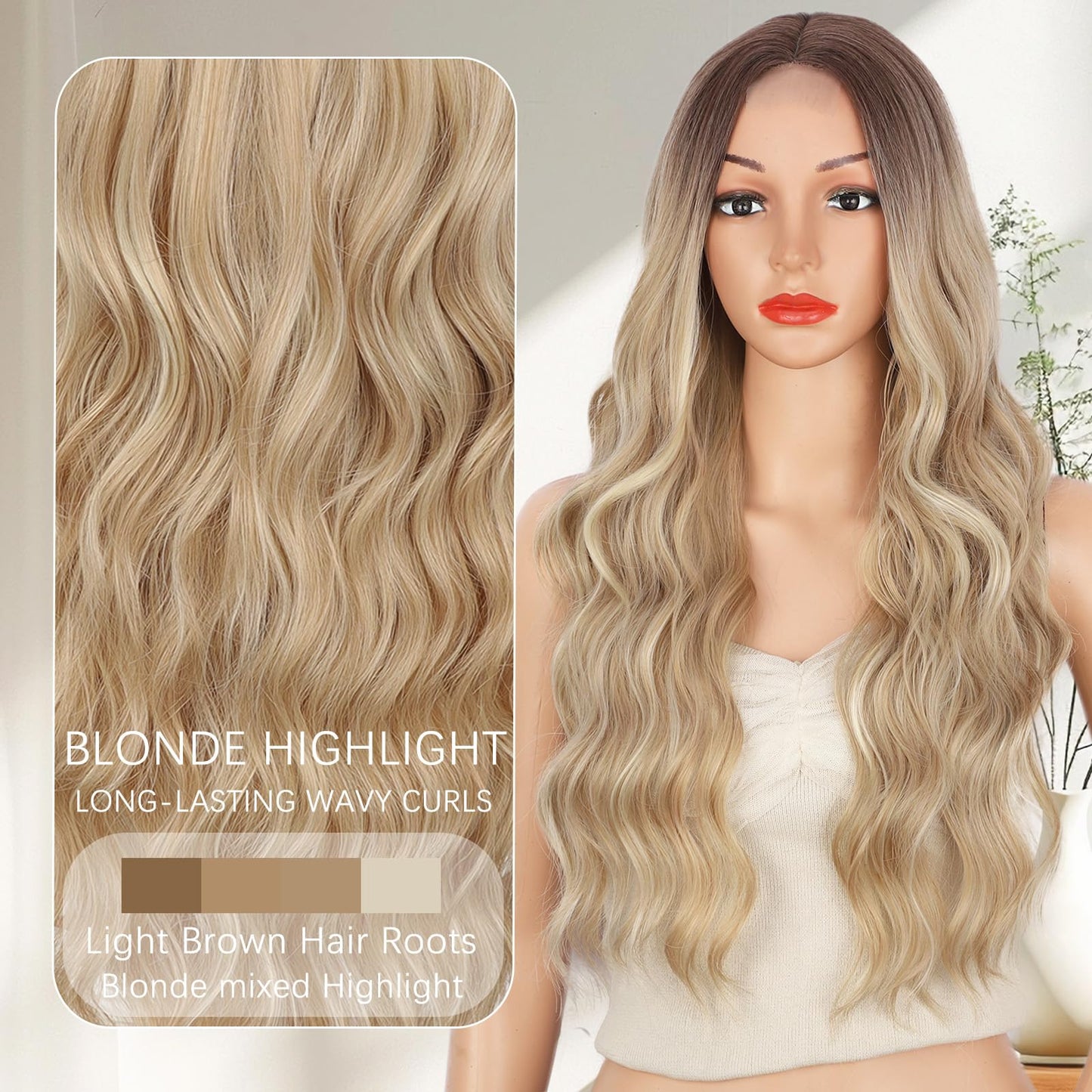 XIXIBI Long Blonde Wigs for Women, Beach Blond Highlight Wavy Curly Middle Part Wigs with Dark Roots, Synthetic Heat Resistant Natural Hair Wig for Daily Party