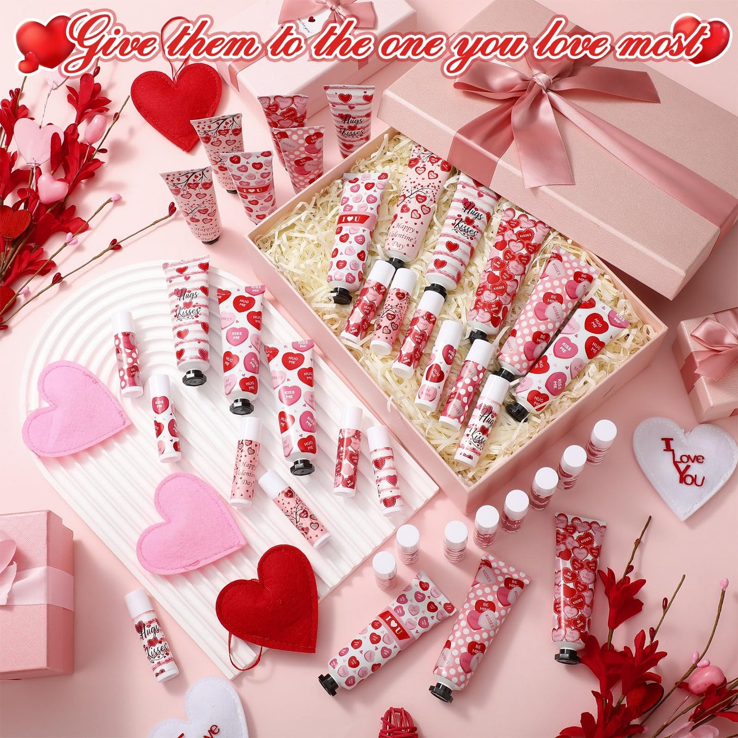 Demissle 24 Sets Bulk Hand Cream & Lip Balm Party Favors for Women – Red Heart Candy Moisturizing Hand Lotion Set, Mother's Day Basket Stuffers Gifts, Teacher & Coworker Appreciation Goodie Bags