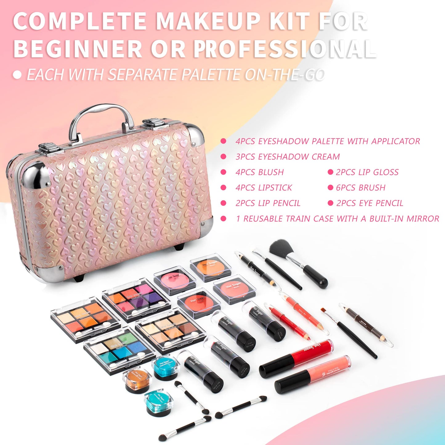 Hot Sugar All In One Makeup Set for Teenager Girls, Full Makeup Kit for Beginners Includes Eye Shadow Palette Blush Lip Gloss Lipstick Lip Pencil Eye Pencil Brush Mirror (Pink Heart)