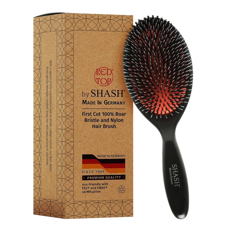 Boar Bristle Hair Brush - Handmade in Germany | Nylon & First Cut Bristles for Normal to Thick Hair - Gently Detangles & Softens (Large)